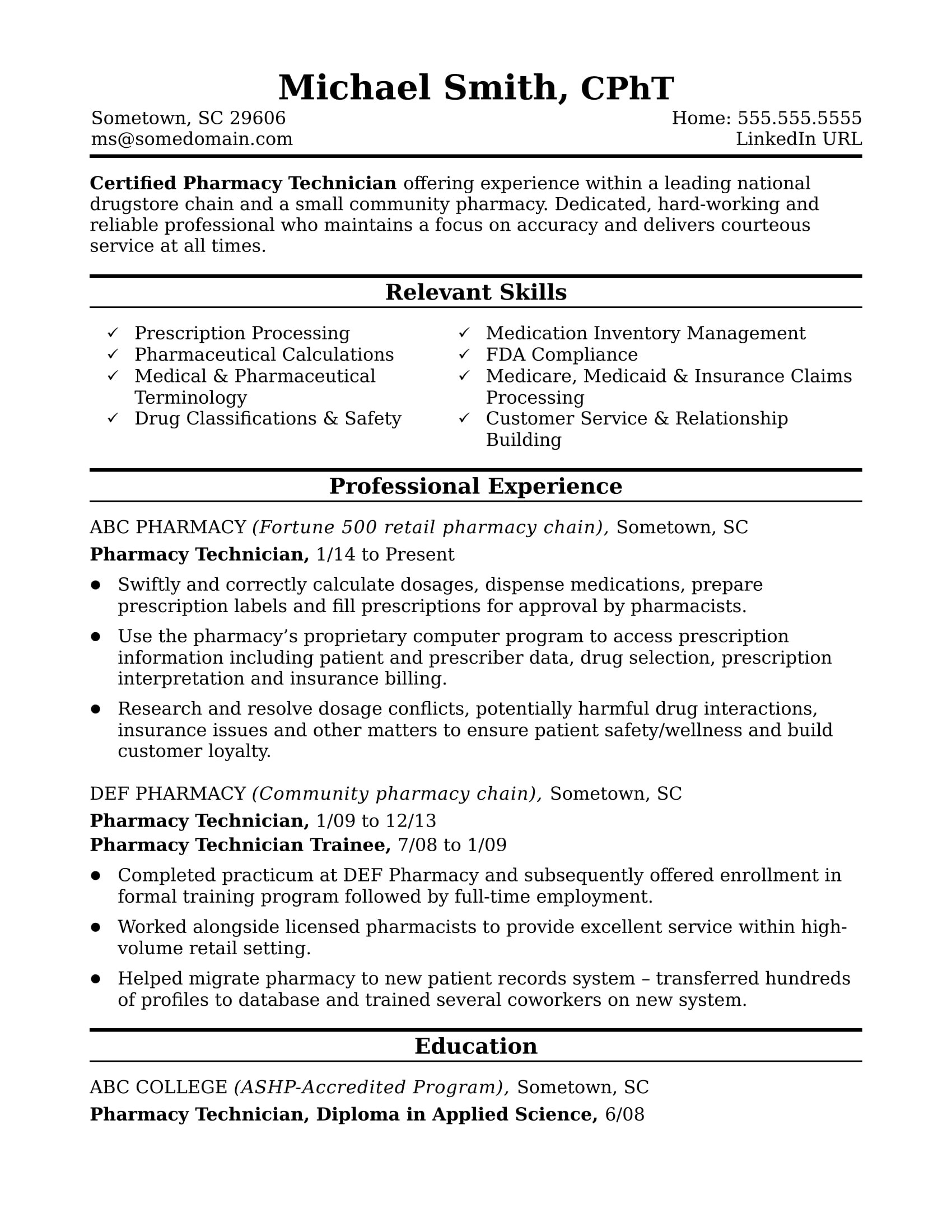 Entry Level Pharmacy assistant Resume Sample Midlevel Pharmacy Technician Resume Sample Monster.com