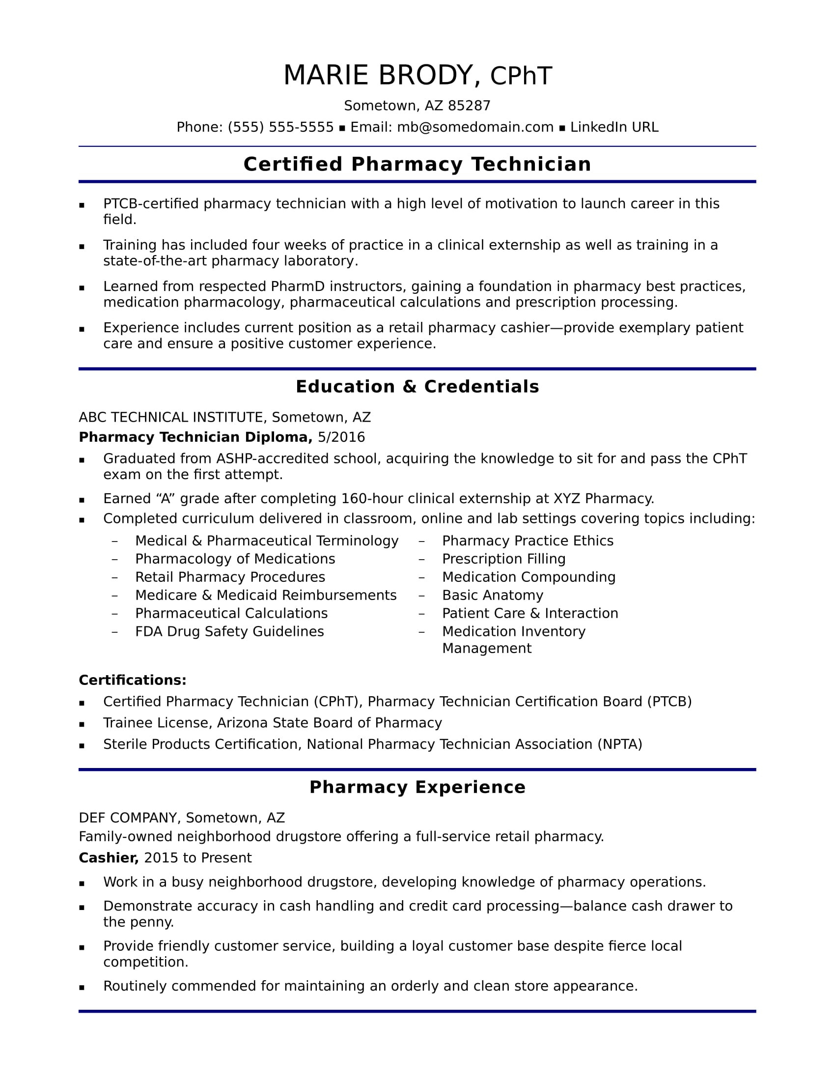 Entry Level Pharmacy Tech Resume Sample Entry-level Pharmacy Technician Resume Monster.com
