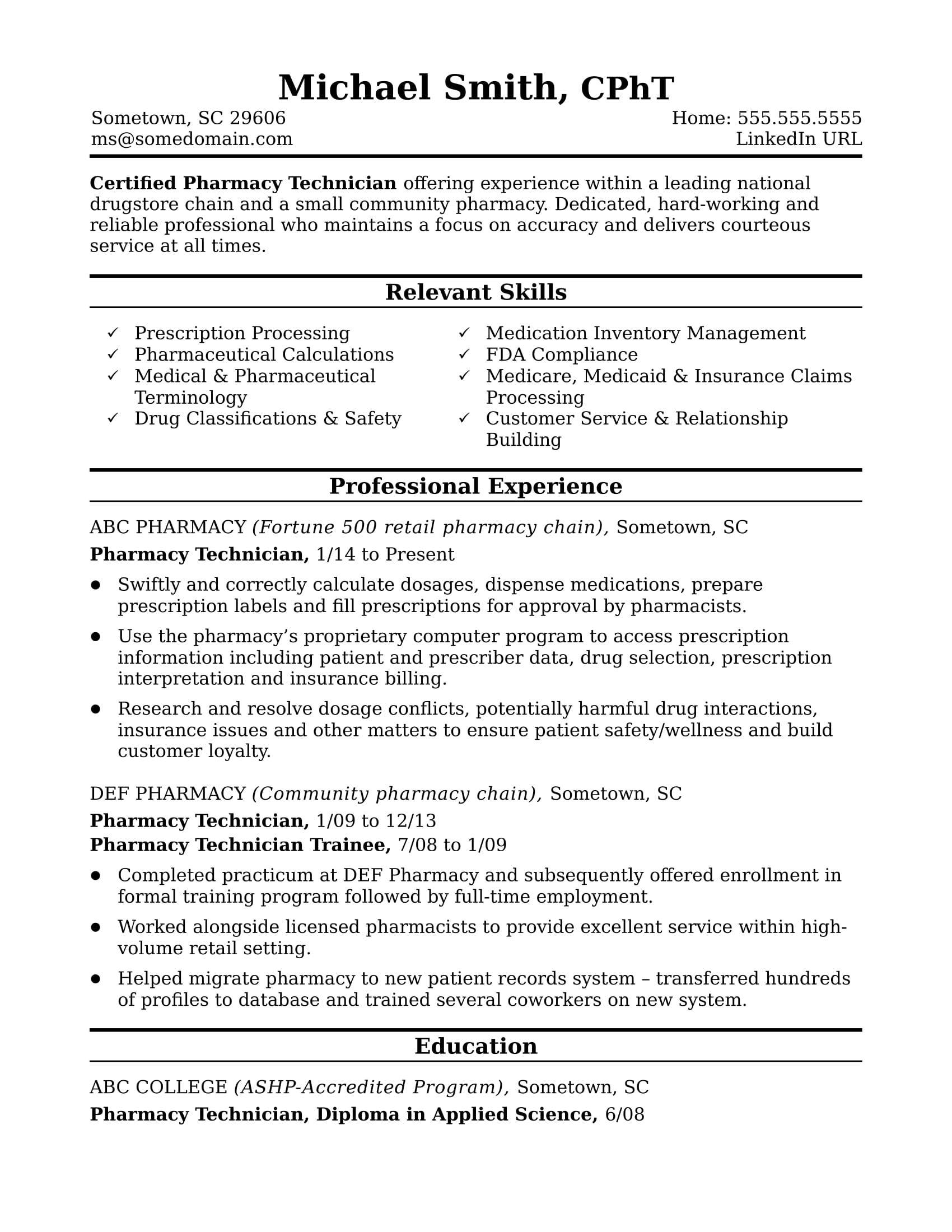 Entry Level Pharmacy Tech Resume Sample Midlevel Pharmacy Technician Resume Sample Monster.com