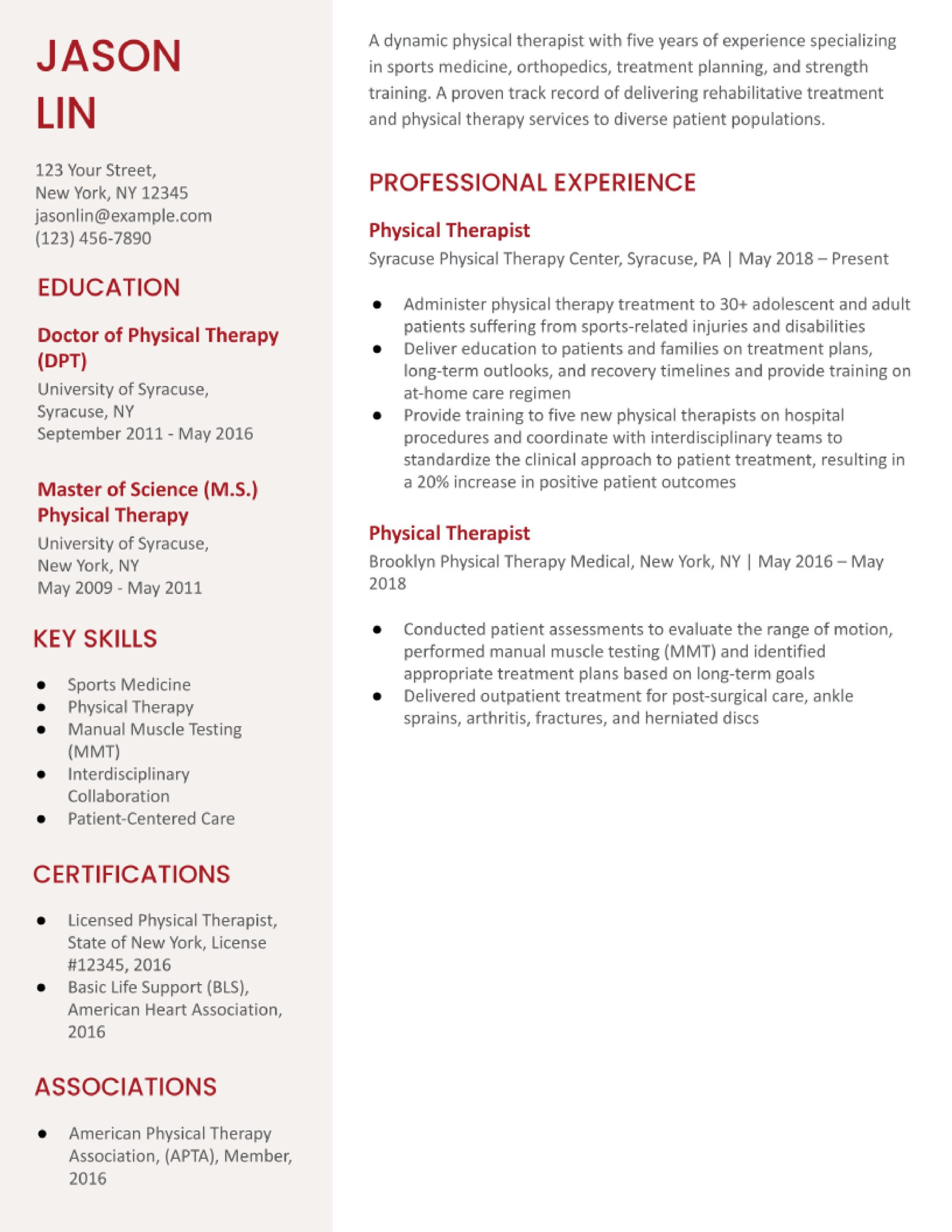 Entry Level Physical therapy Resume Sample Physical therapist Resume Examples In 2022 – Resumebuilder.com
