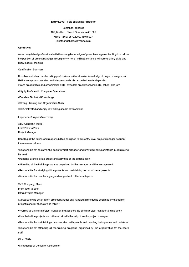 Entry Level Project Manager Sample Resume Entry Level Project Manager Resume In 2020