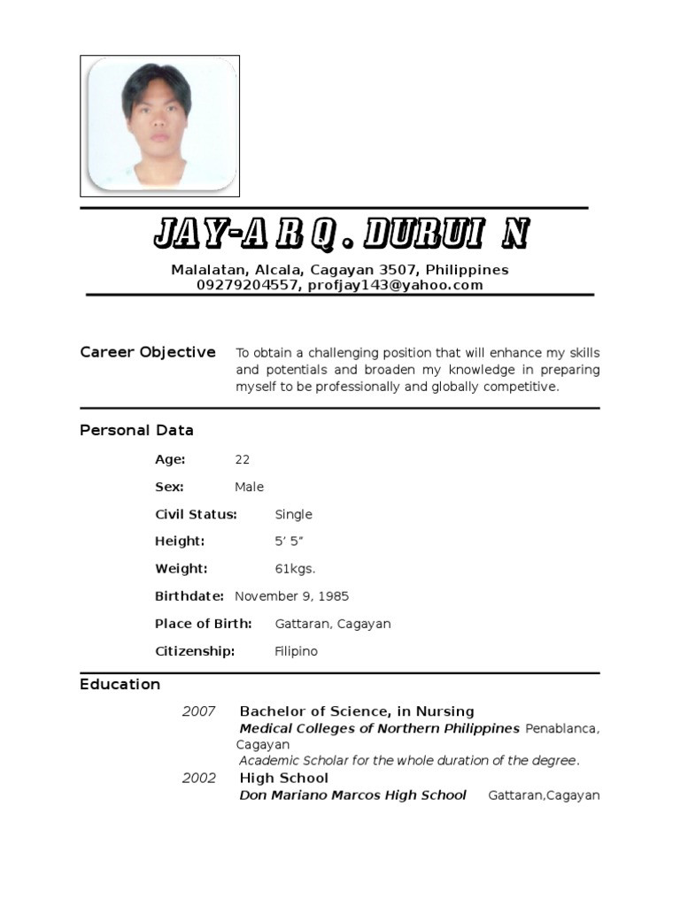 Filipino Resume Sample for High School Graduate Resume Nurse Pdf Nursing Hospital
