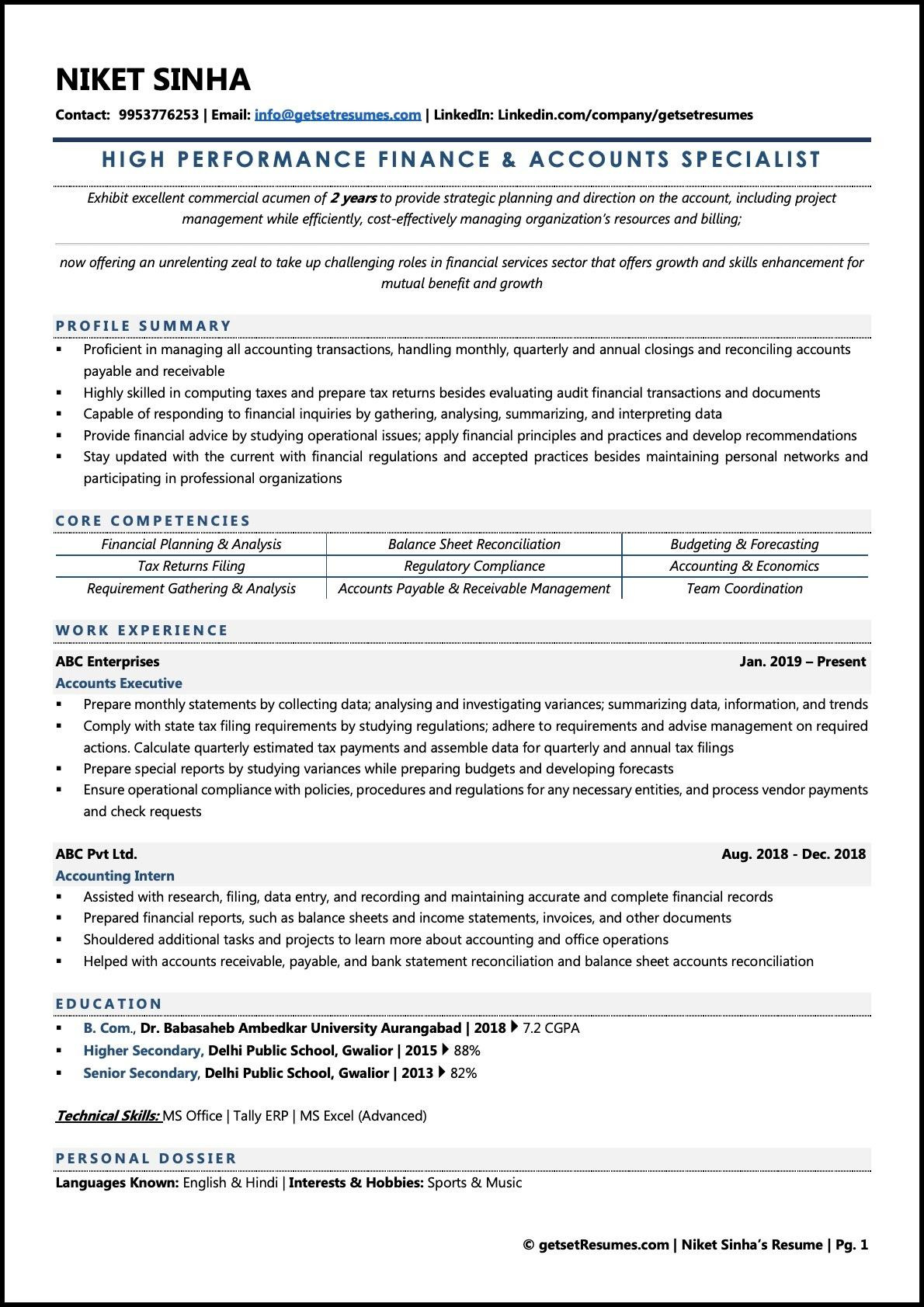 Finance Executive Resume Sample In India Accounts Executive Resume Examples & Template (with Job Winning Tips)