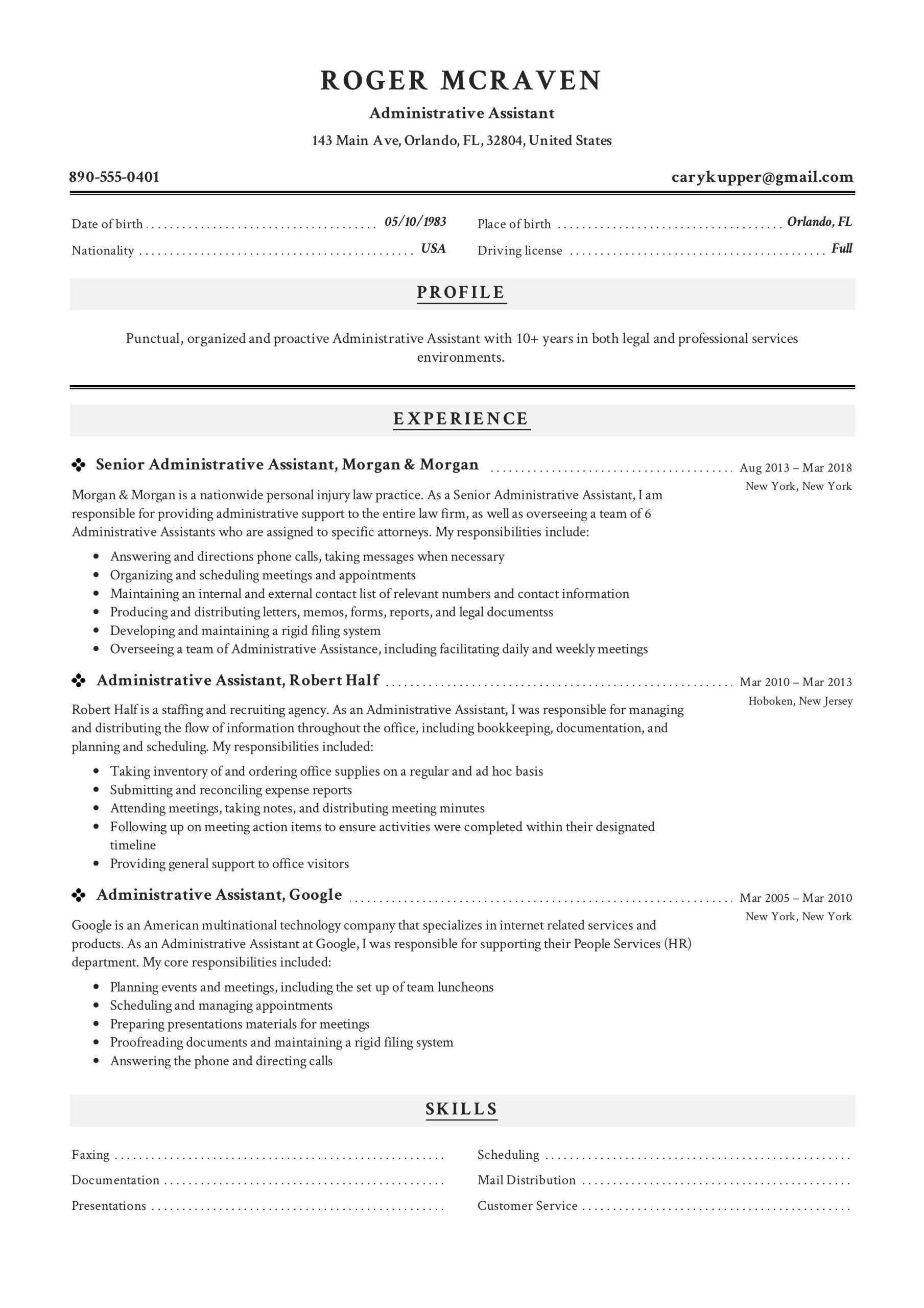Free Sample Of Resume for Administrative assistant Free Administrative assistant Resume Sample, Template, Example, Cv …