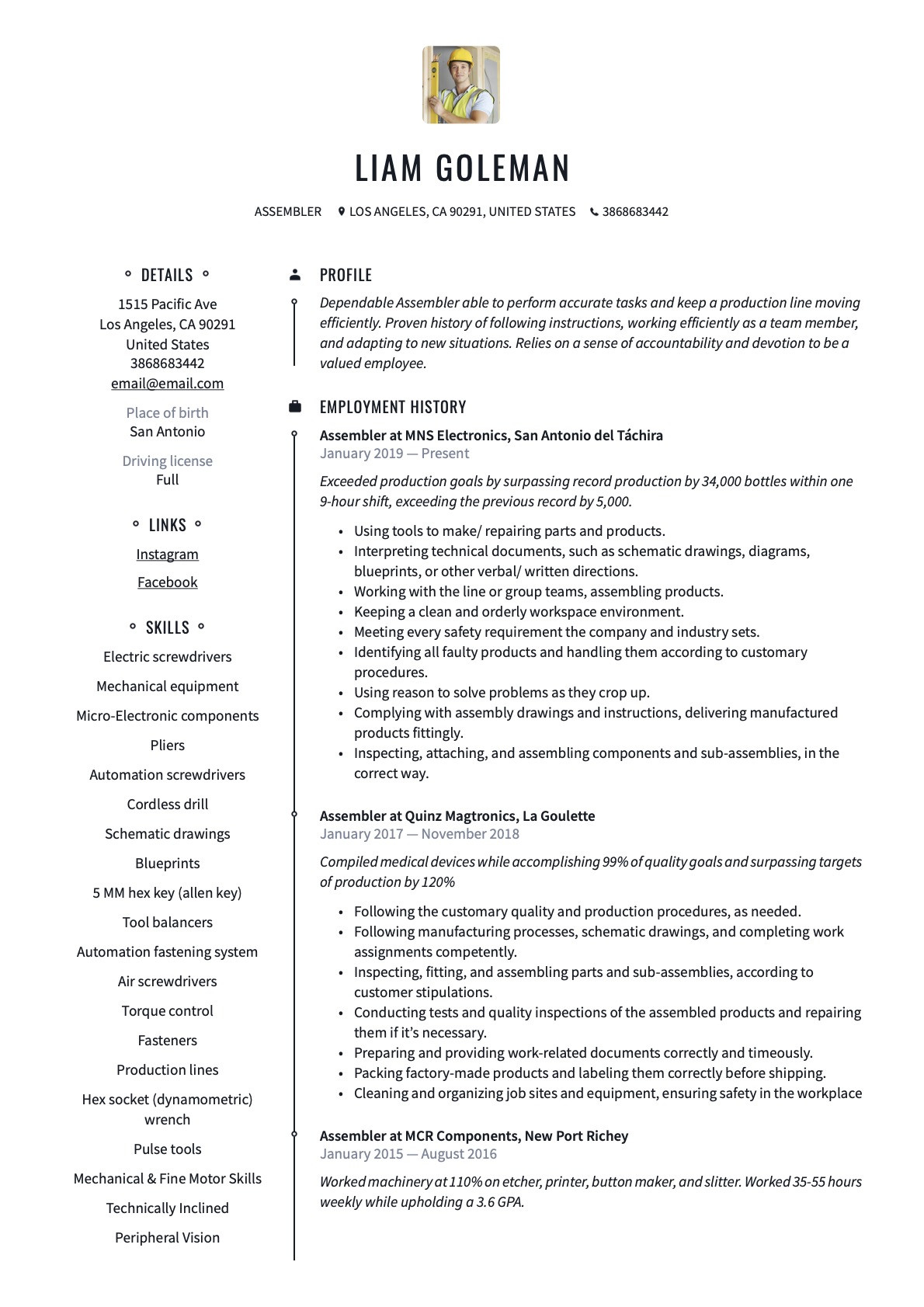 Furniture assembly Service for Resume Sample assembler Resume & Guide  17 Templates Word 2022