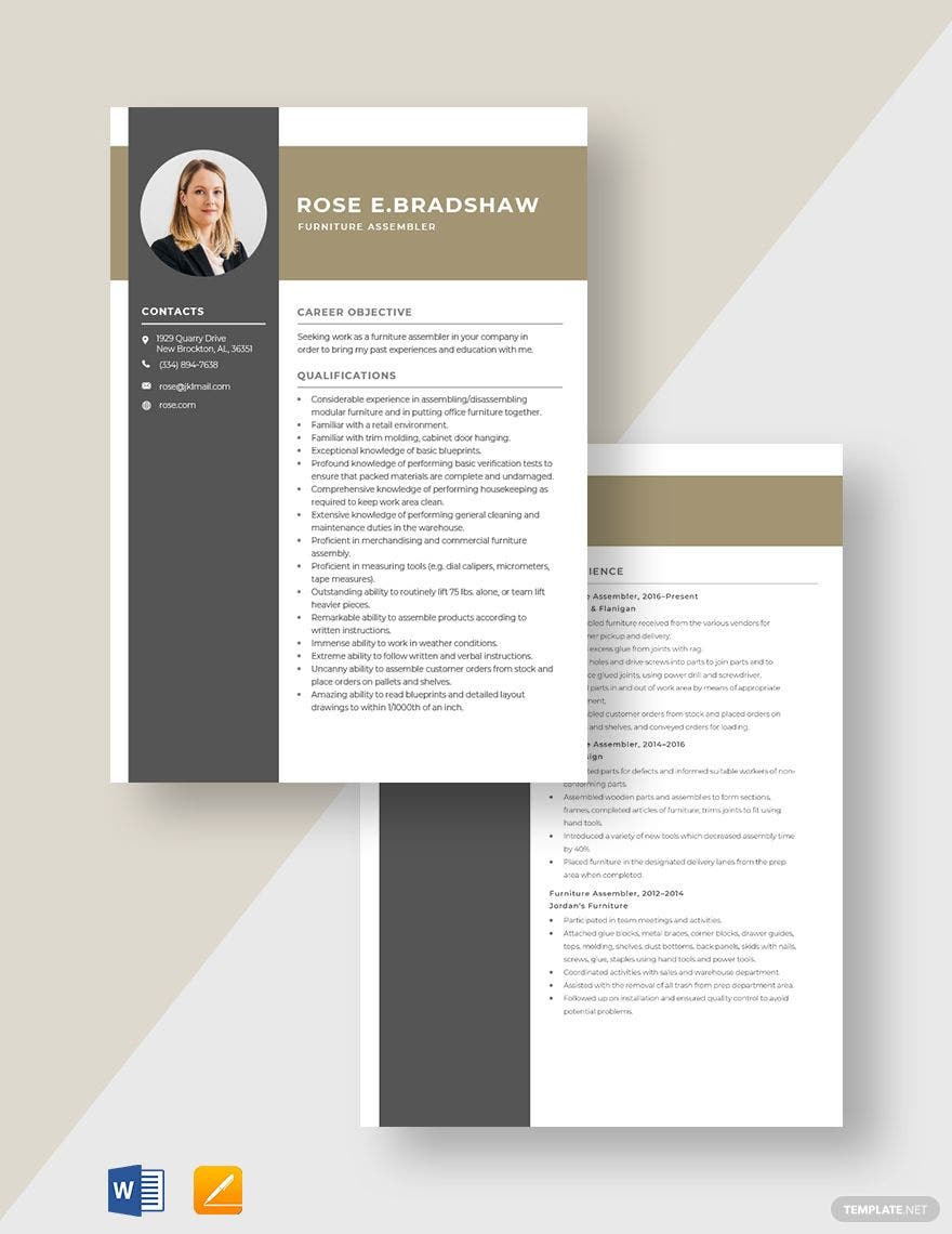 Furniture Delivery and assembler Resume Sample Furniture assembler Resume Template – Word, Apple Pages Template.net