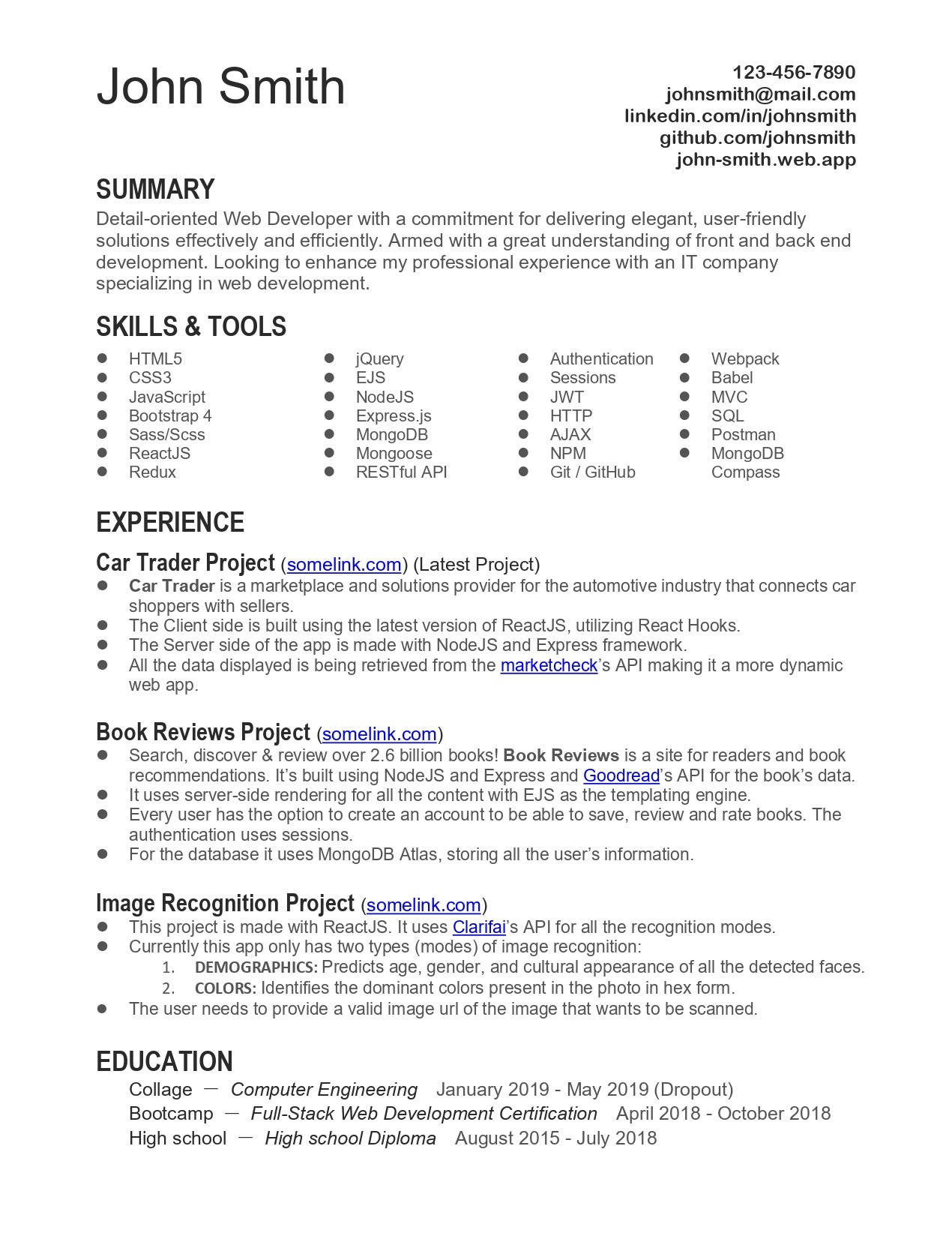 High School Informal Resume for College Samples Redit Resume for Entry-level Web Developer : R/resumes