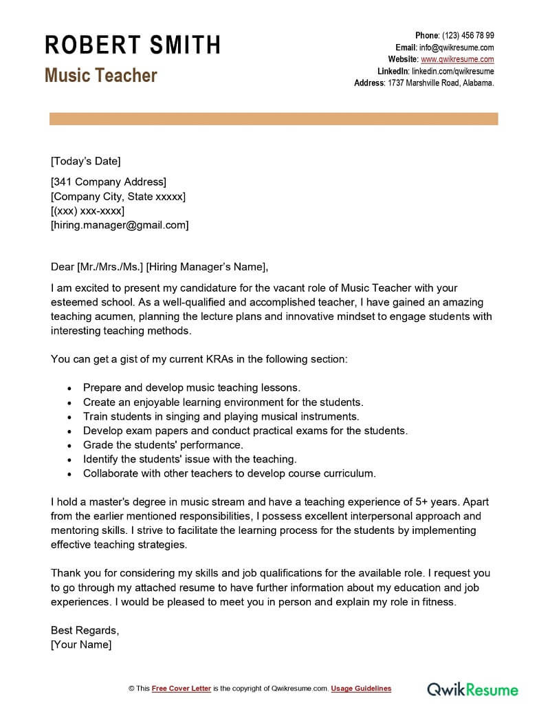 High School Music Teacher Resume Sample Music Teacher Cover Letter Examples – Qwikresume