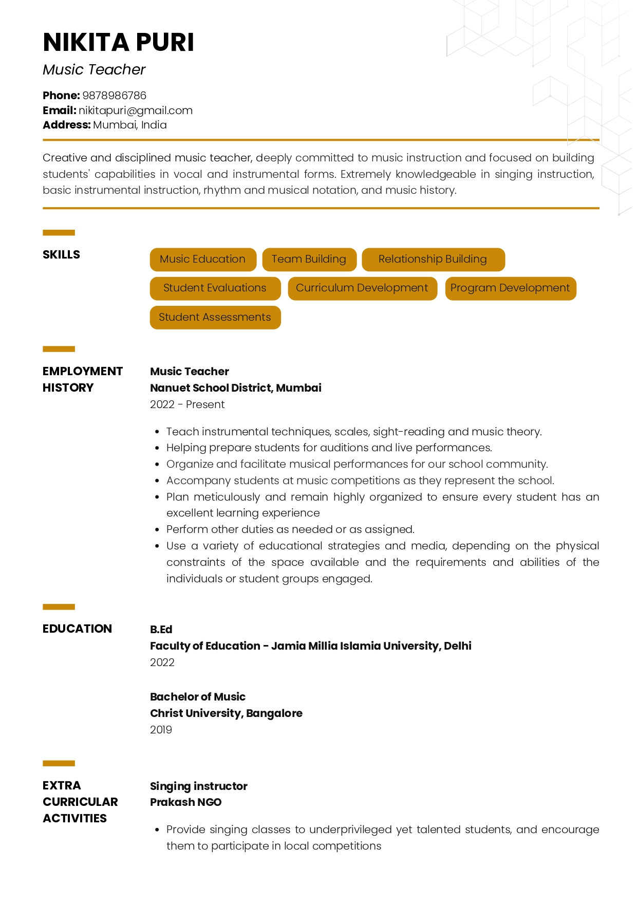 High School Music Teacher Resume Sample Sample Resume Of Music Teacher with Template & Writing Guide …