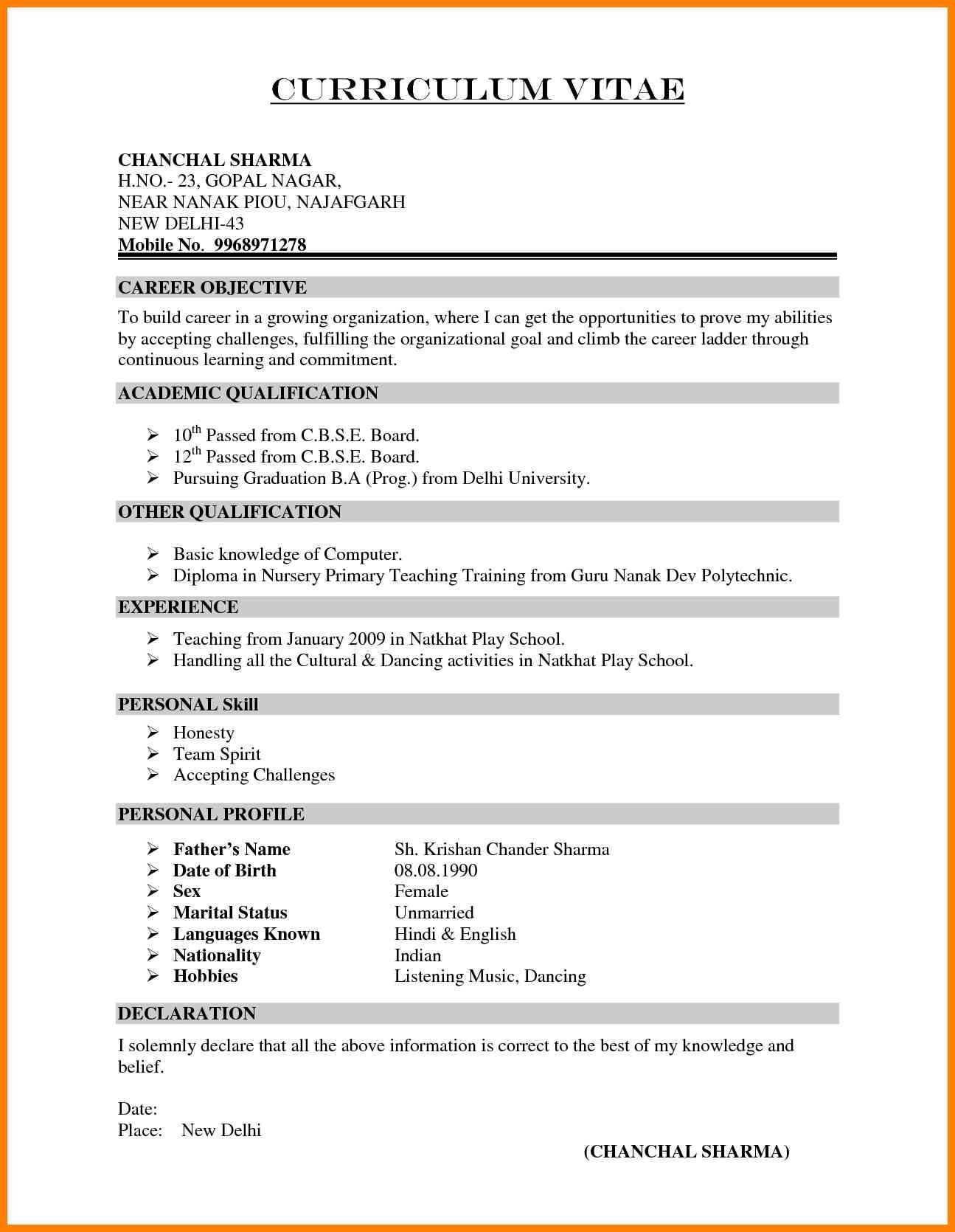 Indian Primary School Teacher Resume Sample 7 School Teacher Resume format New Looks Wellness In Indian Job …