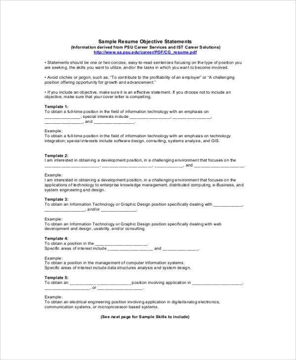Objective for Resume Sample Of Statements Free 9 Resume Objective Samples In Pdf