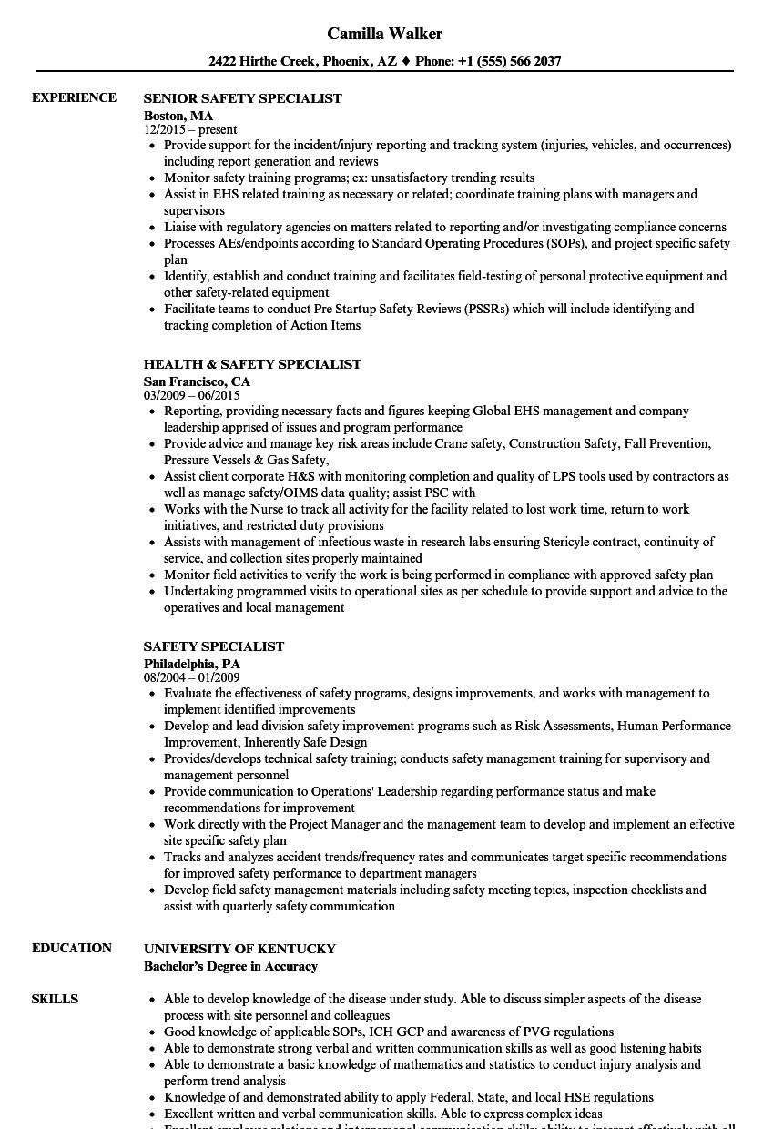Occupational Health and Safety Resume Sample Ehs Specialist Cv November 2020