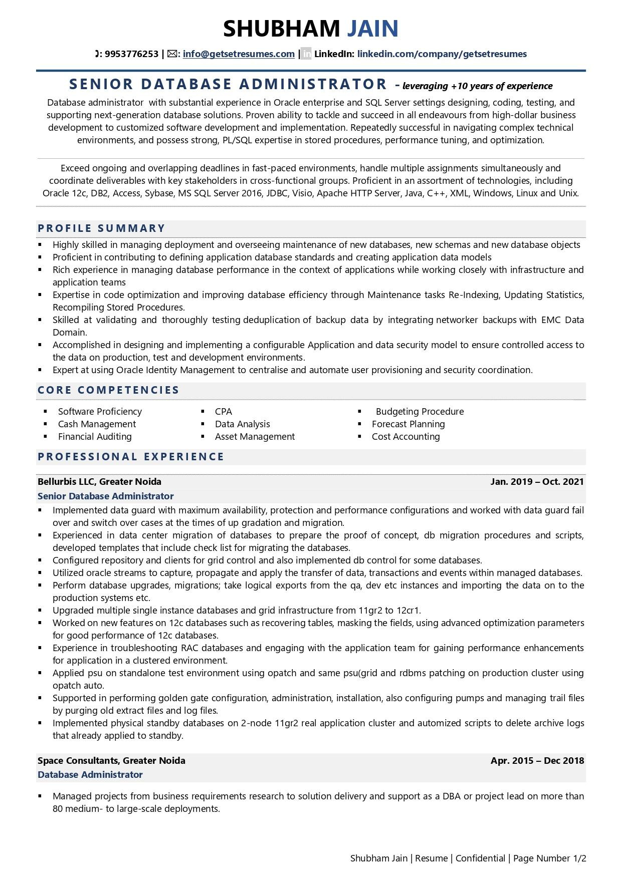 Oracle Dba 1 Year Experience Resume Sample Database Administrator Resume Examples & Template (with Job …