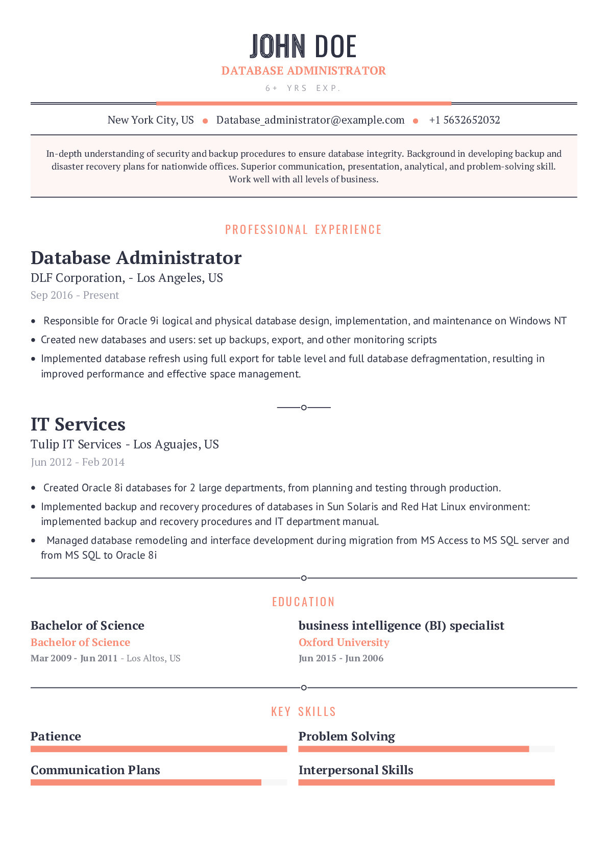Oracle Dba One Year Experience Resume Sample Database Administrator Resume Example with Content Sample Craftmycv
