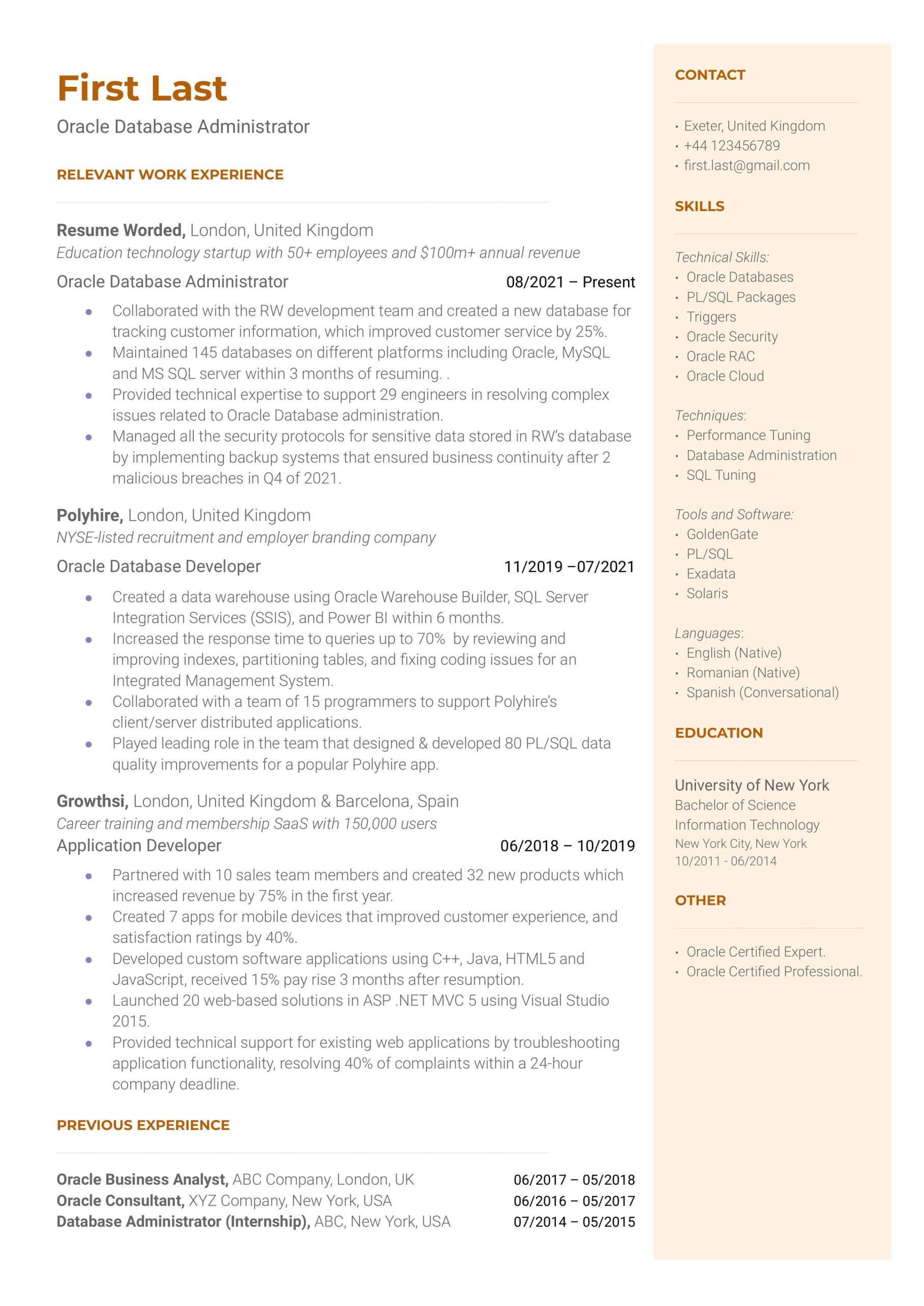 Oracle Dba Sample Resume for 4 Year Experience 3 oracle Resume Examples for 2022 Resume Worded