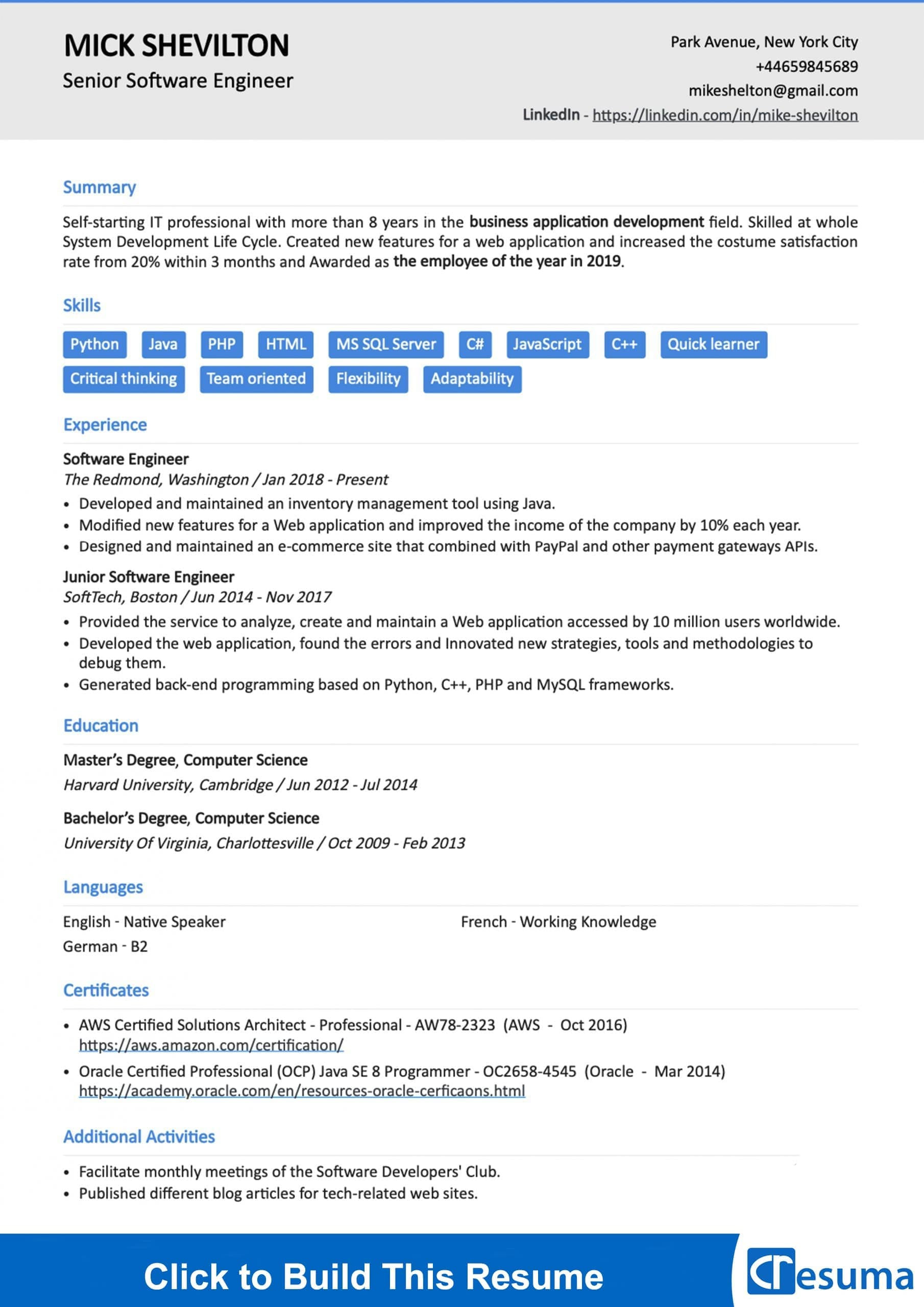Resume for Freelance software Developer Sample software Engineer Resume Example 2022
