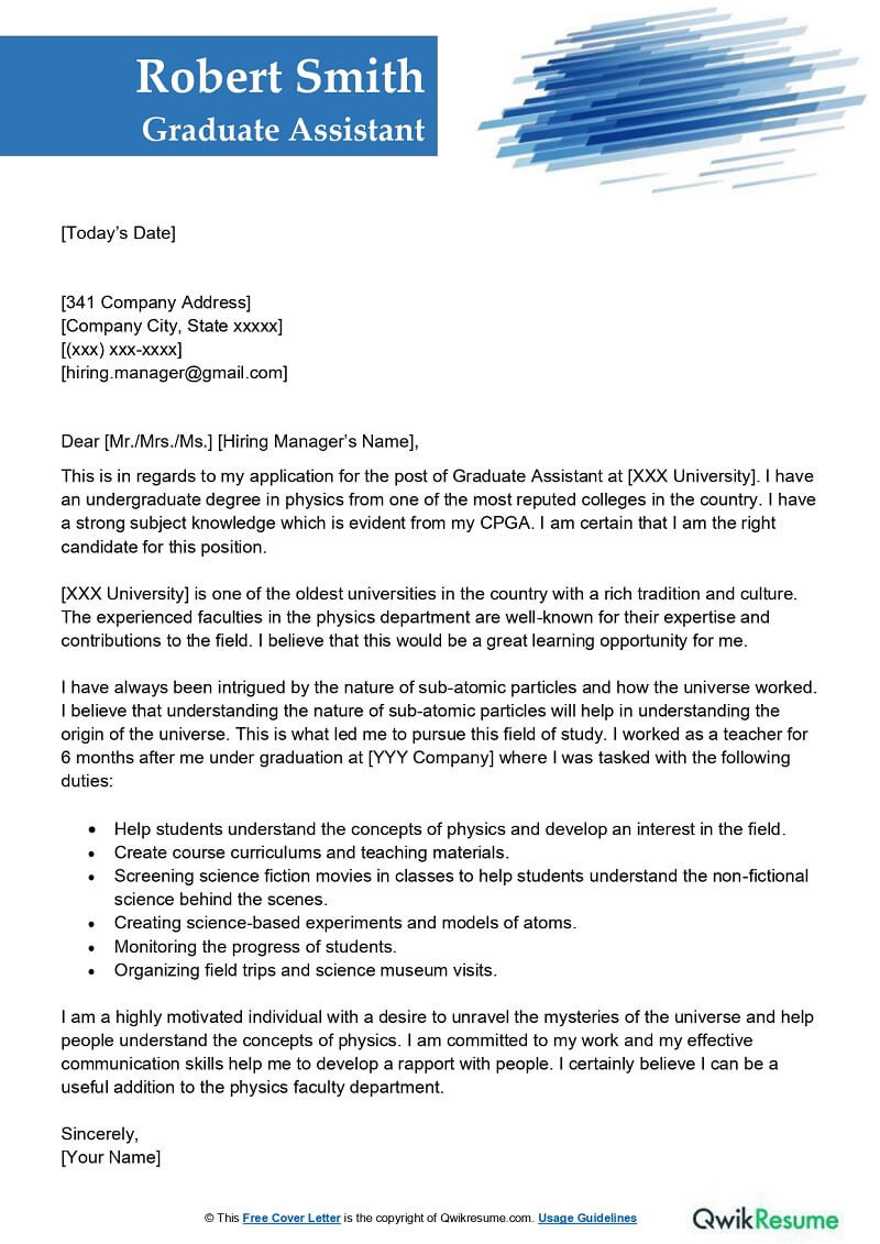 Resume for Graduate assistant Position Sample Graduate assistant Cover Letter Examples – Qwikresume