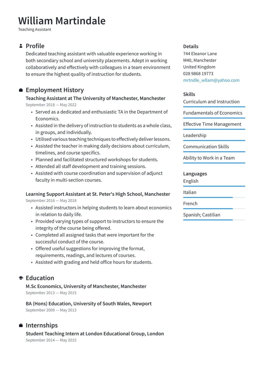 Resume for Graduate assistant Position Sample Teaching assistant Cv Examples & Writing Tips 2022 (free Guide)