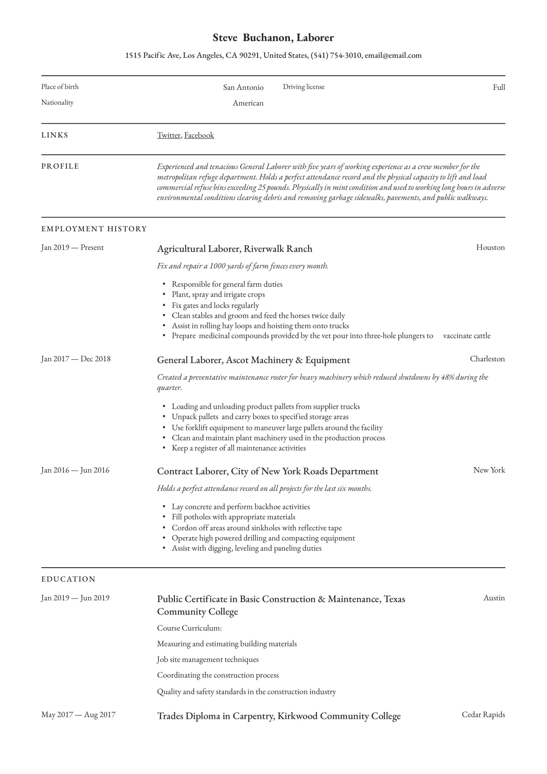 Resume for Laborer Jobs Free Sample General Laborer Resume & Writing Guide  12 Free Templates 2022