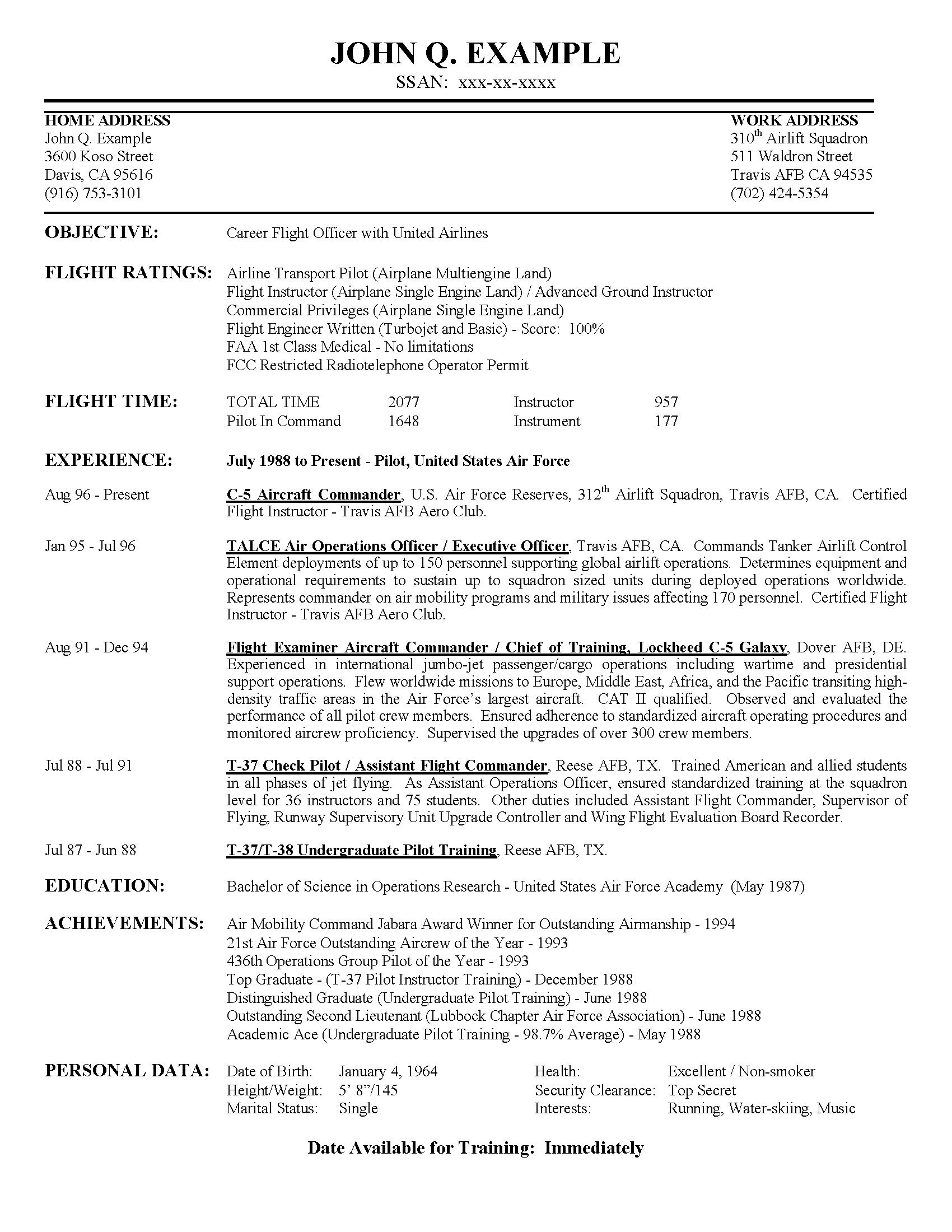 Resume Sample for the Air force Airline Pilot Hiring – Example Resume