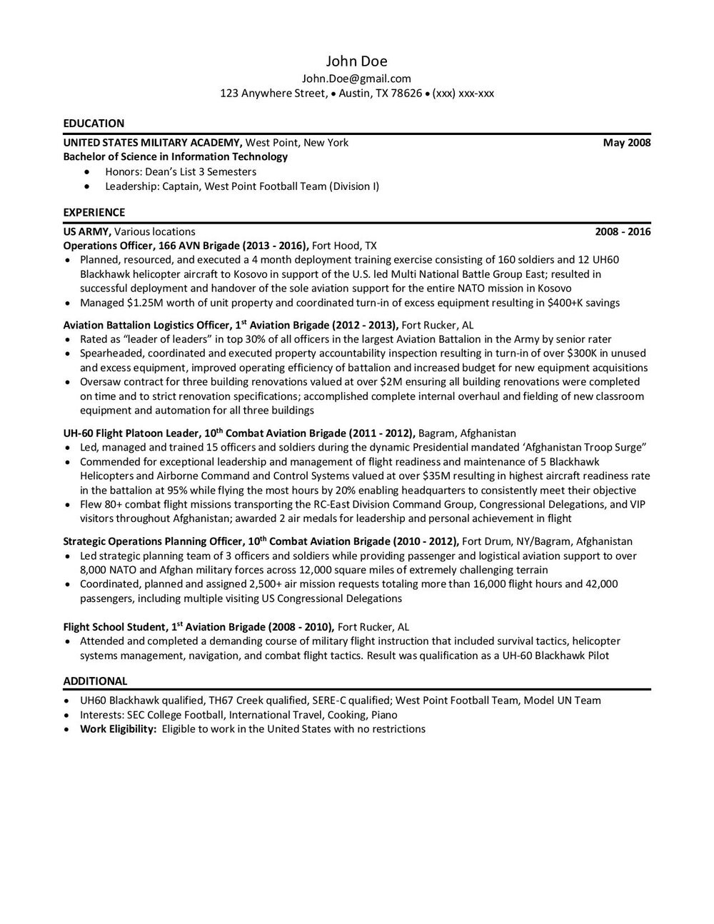 Resume Sample for the Air force Military to Civilian Resume Guide â Post Military Career Options