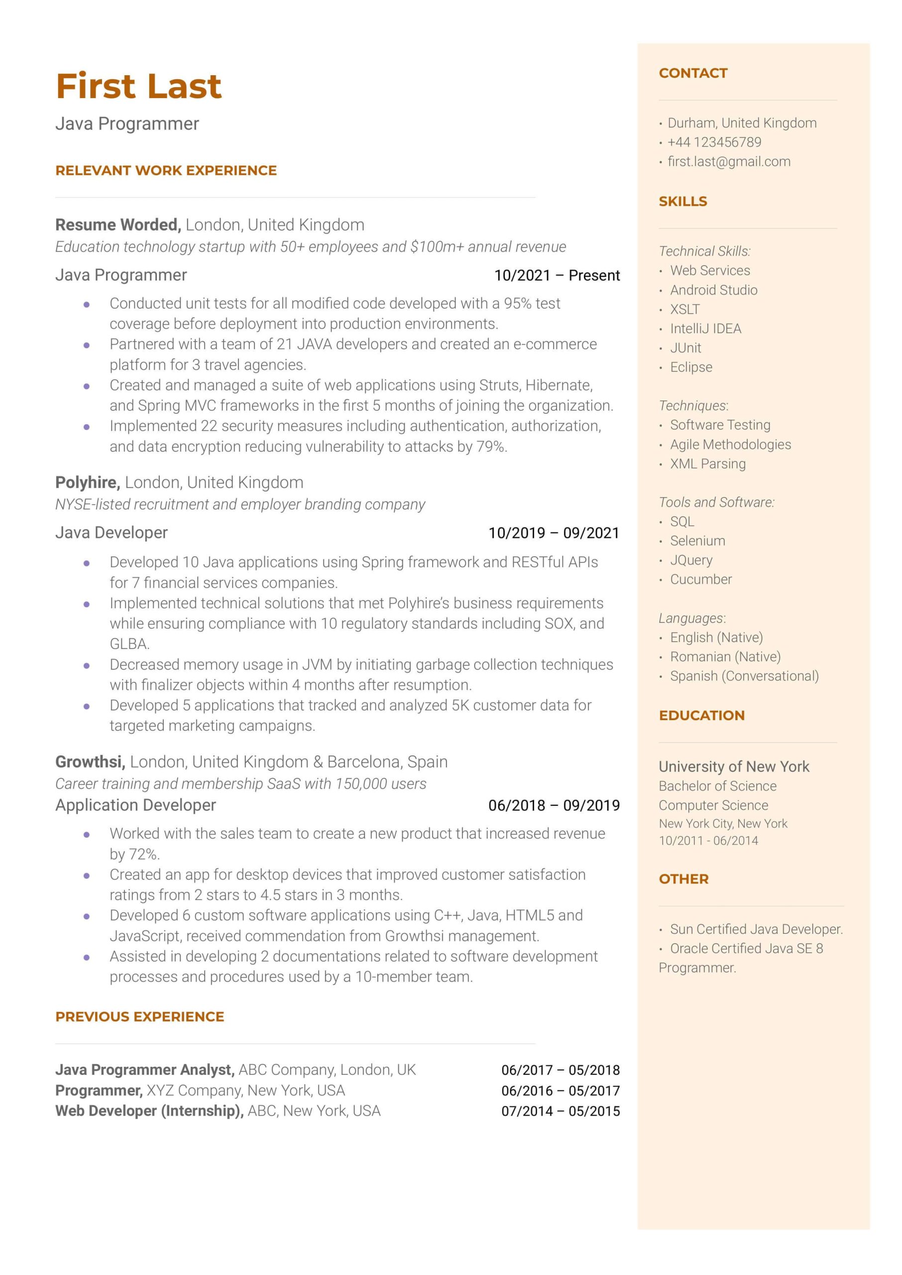Resume Samples Java Programming Nested Loops Data Structures and Algorithms 10 Programmer Resume Examples for 2022 Resume Worded