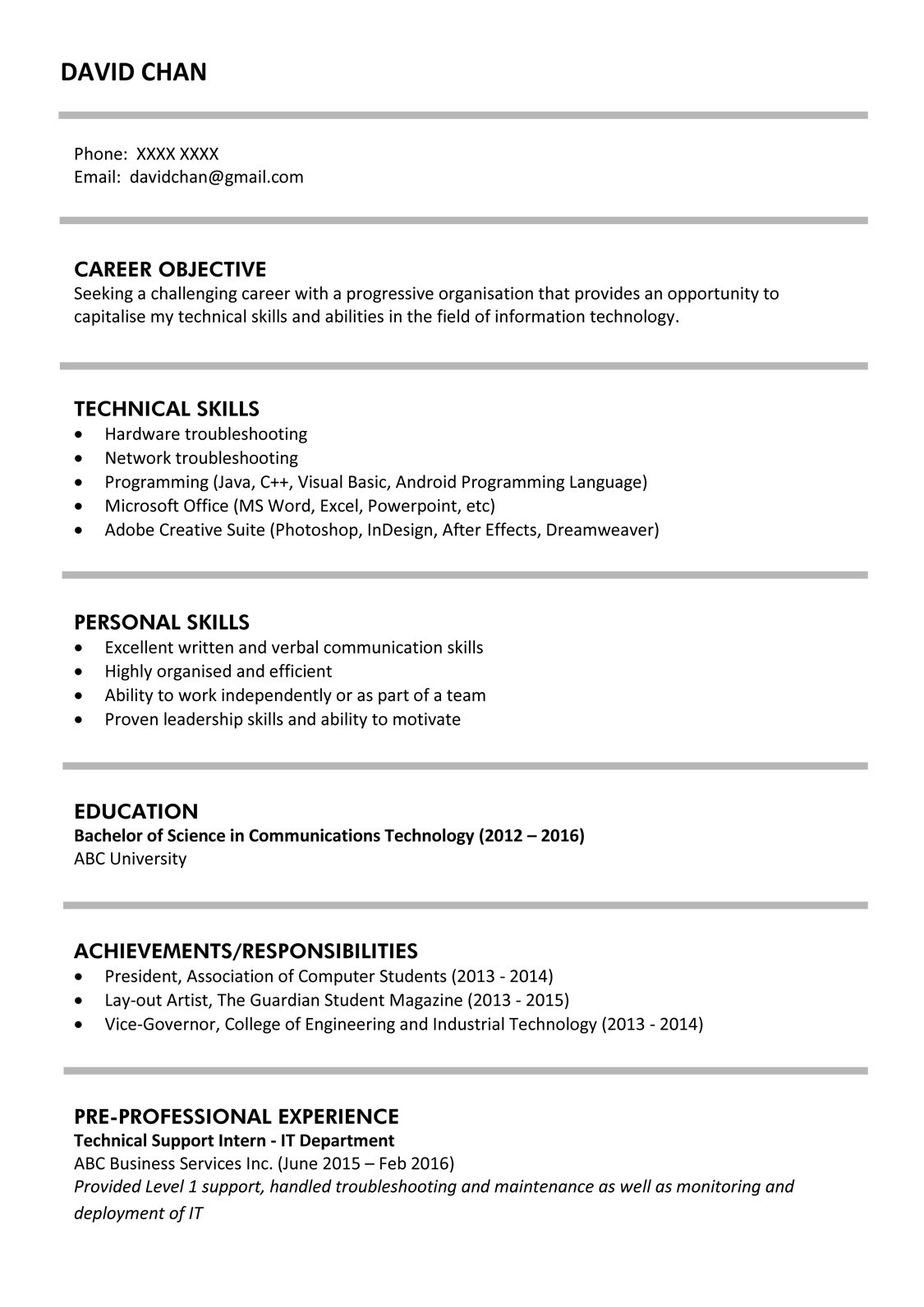 Resume Samples Objective for Technical Field Sample Resume for Fresh Graduates (it Professional) Jobsdb Hong Kong