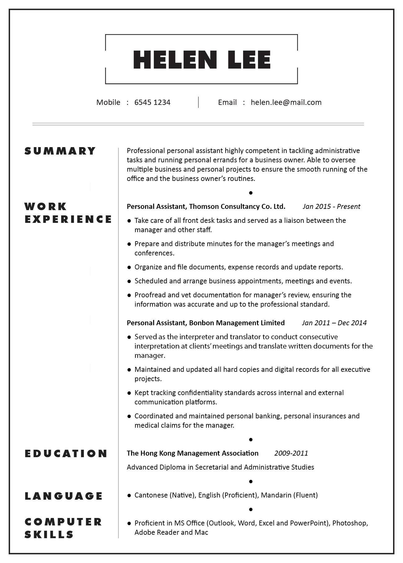Resume Samples Of A Personal assistant Cv & Profile Sample â Personal assistant Jobsdb Hong Kong
