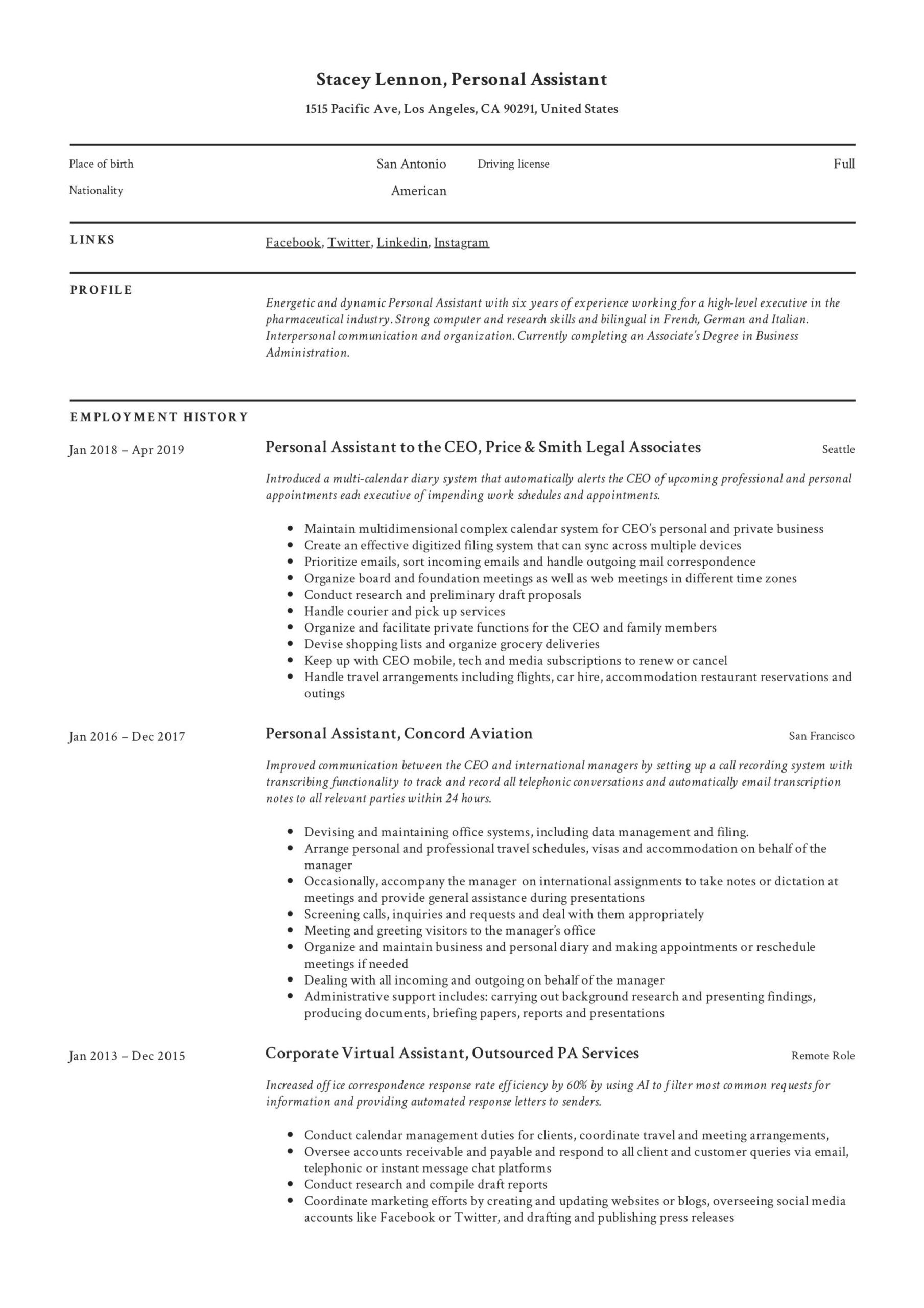 Resume Samples Of A Personal assistant Personal assistant Resume & Writing Guide  12 Templates Pdf ’20