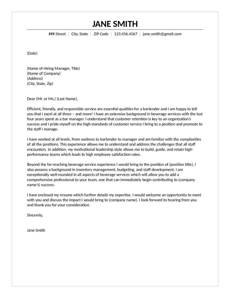 Sample Cover Letter for Bartender Resume Bartender Cover Letter