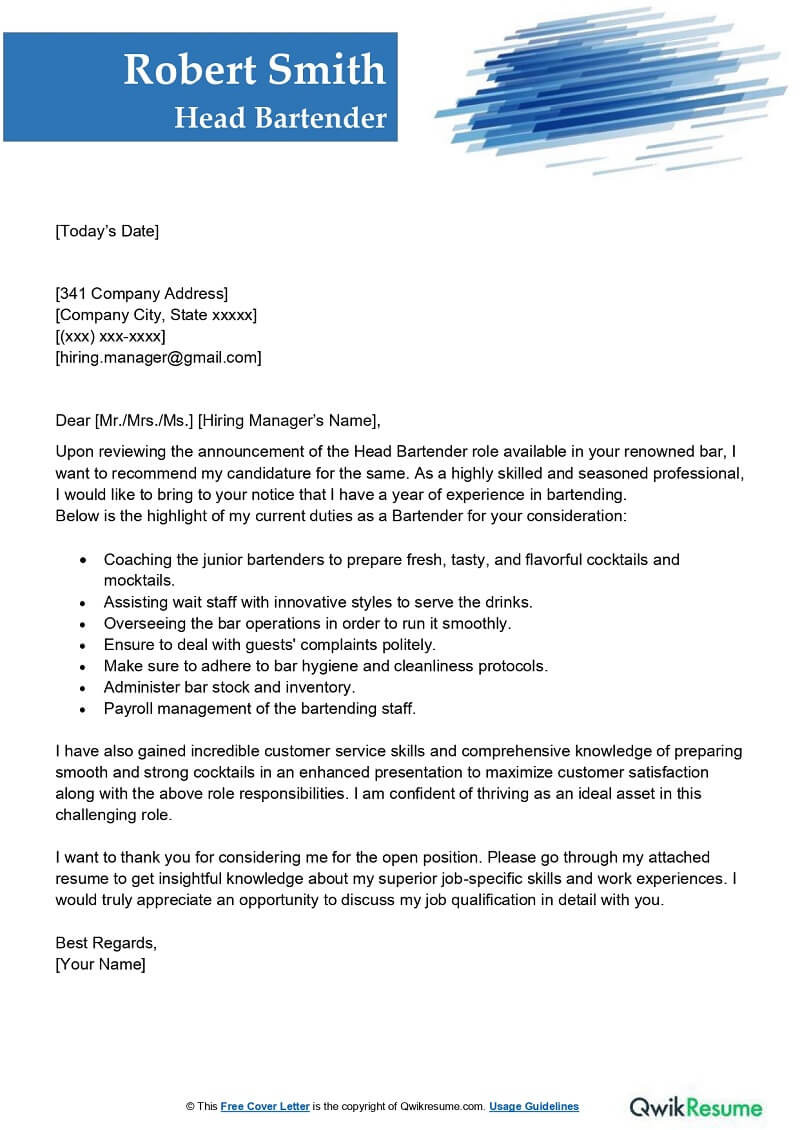 Sample Cover Letter for Bartender Resume Head Bartender Cover Letter Examples – Qwikresume