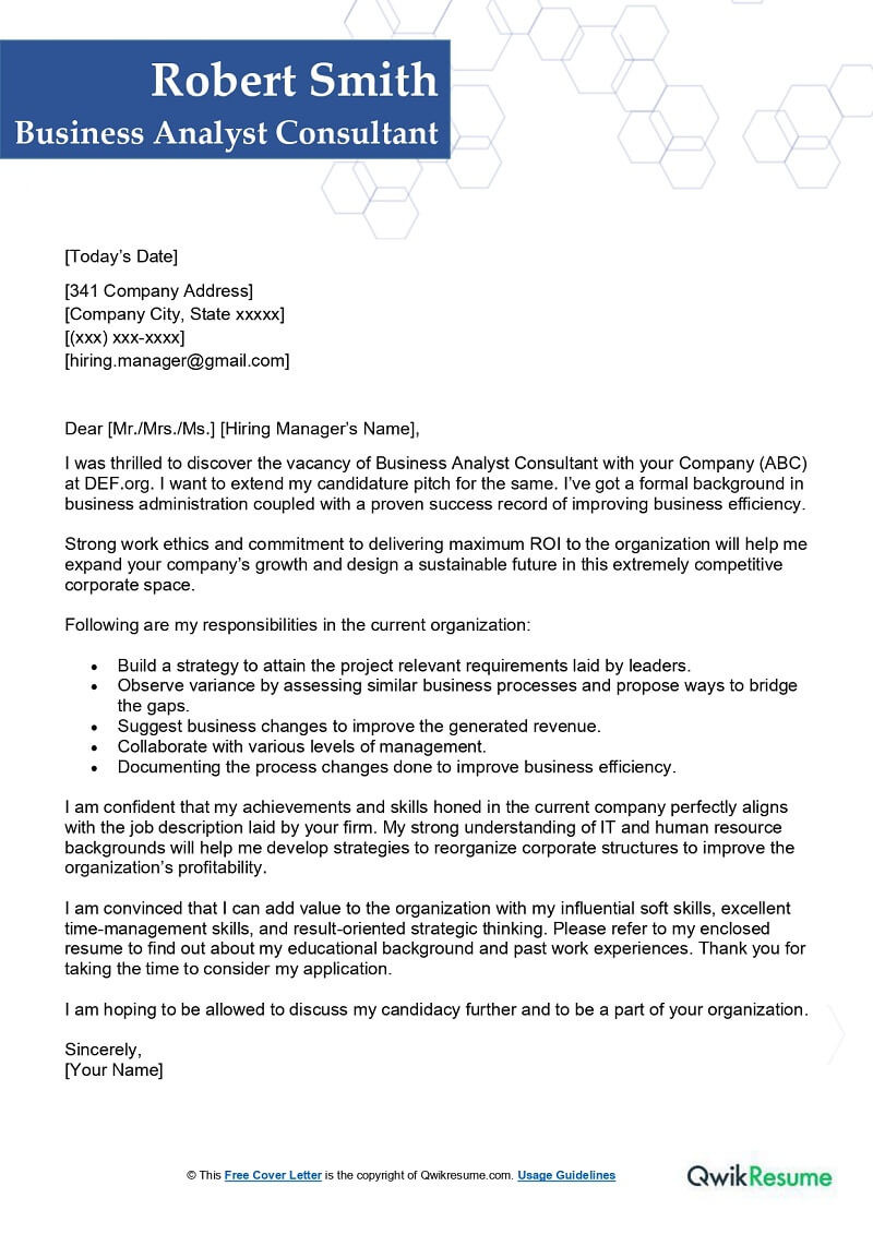 Sample Cover Letter for Business Analyst Resume Business Analyst Consultant Cover Letter Examples – Qwikresume