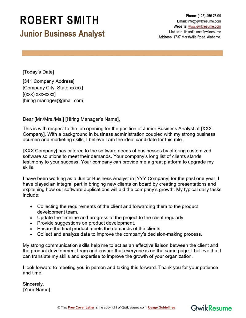 Sample Cover Letter for Business Analyst Resume Junior Business Analyst Cover Letter Examples – Qwikresume