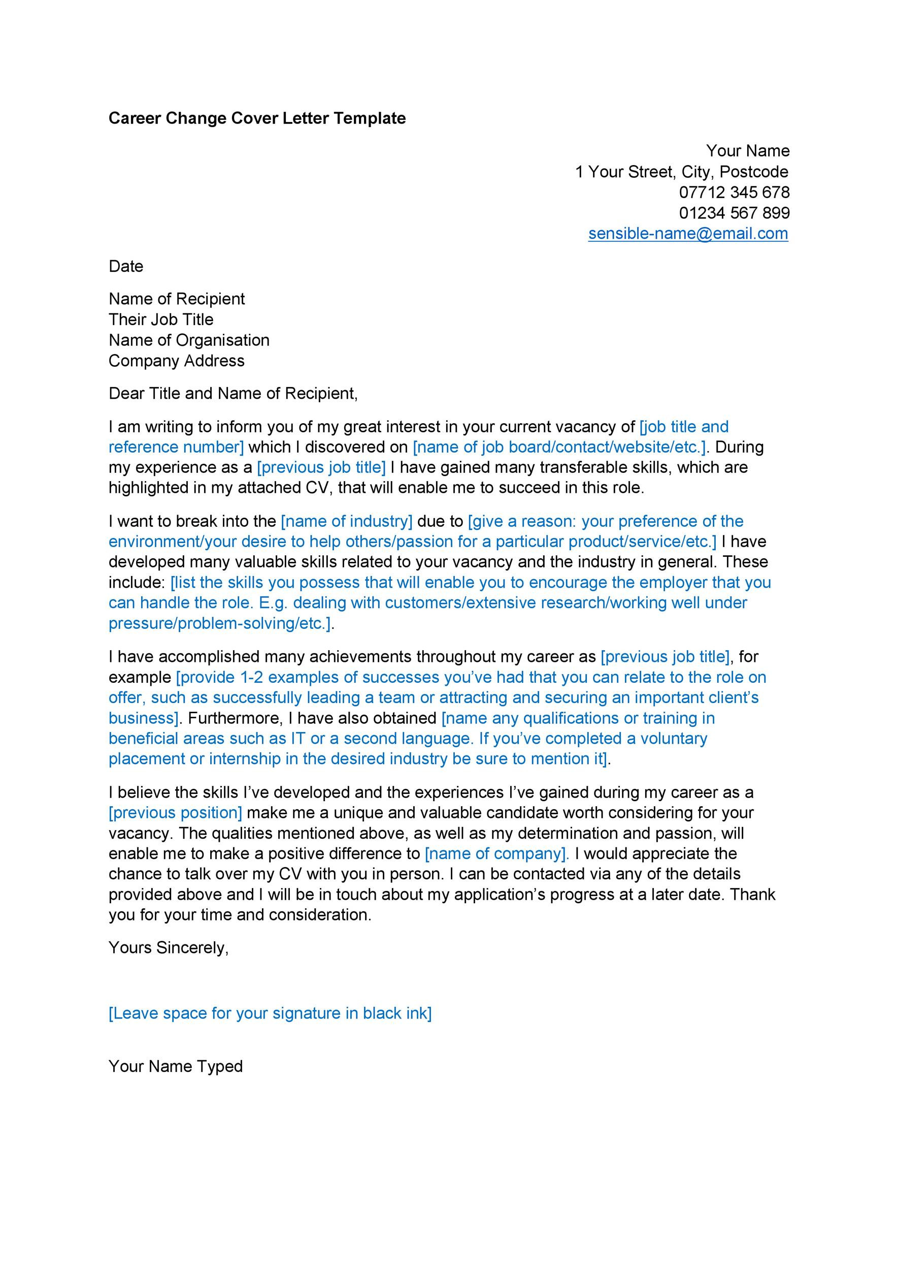 Sample Cover Letter for Career Change Resume 39 Professional Career Change Cover Letters á Templatelab