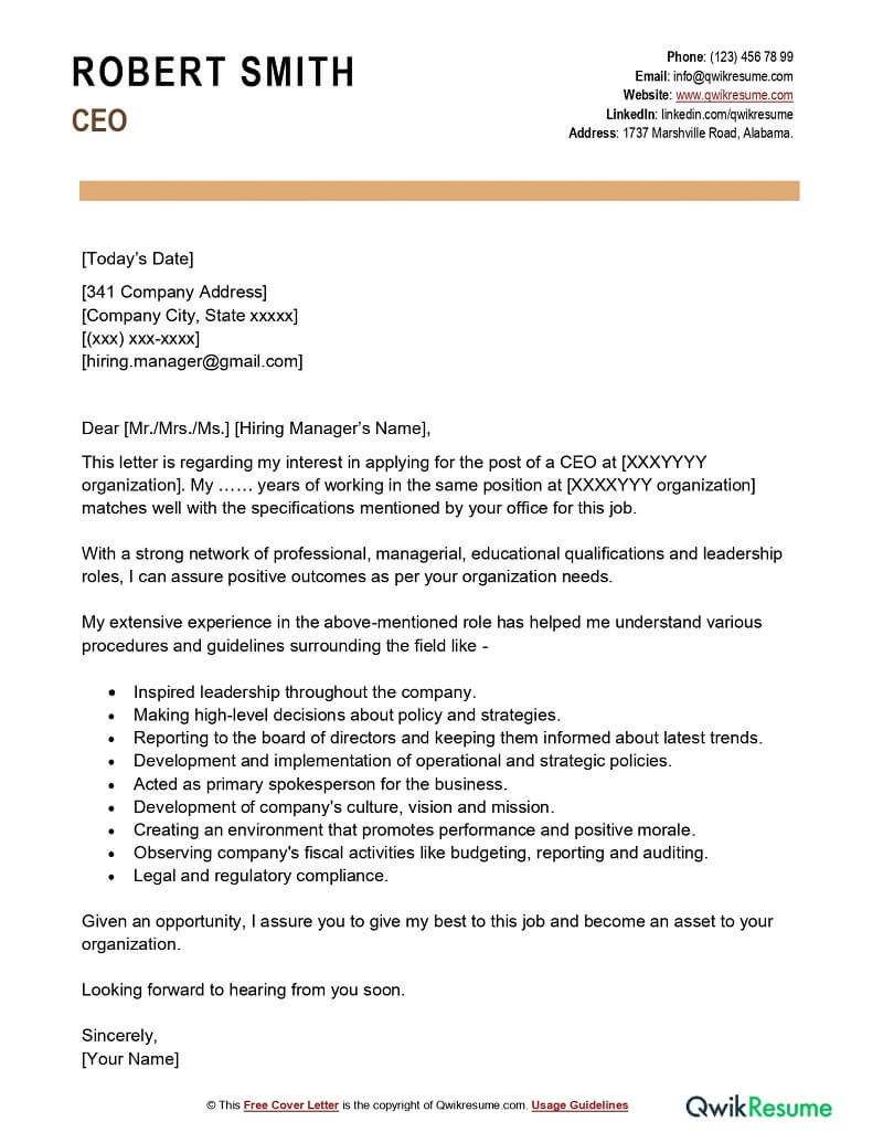 Sample Cover Letter for Ceo Resume Ceo Cover Letter Examples – Qwikresume