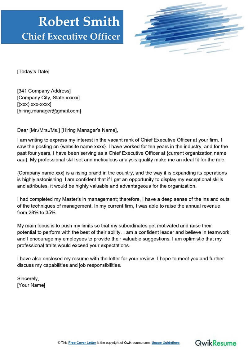 Sample Cover Letter for Ceo Resume Chief Executive Officer Cover Letter Examples – Qwikresume