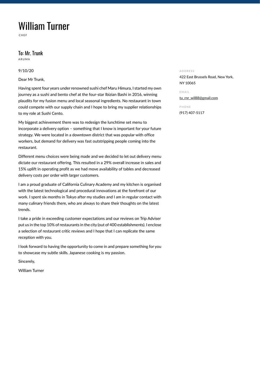 Sample Cover Letter for Cook Resume Chef Cover Letter Examples & Expert Tips [free] Â· Resume.io