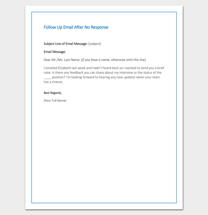 Sample Follow Up Email after Sending Resume Follow Up Letter Template 10 formats Samples