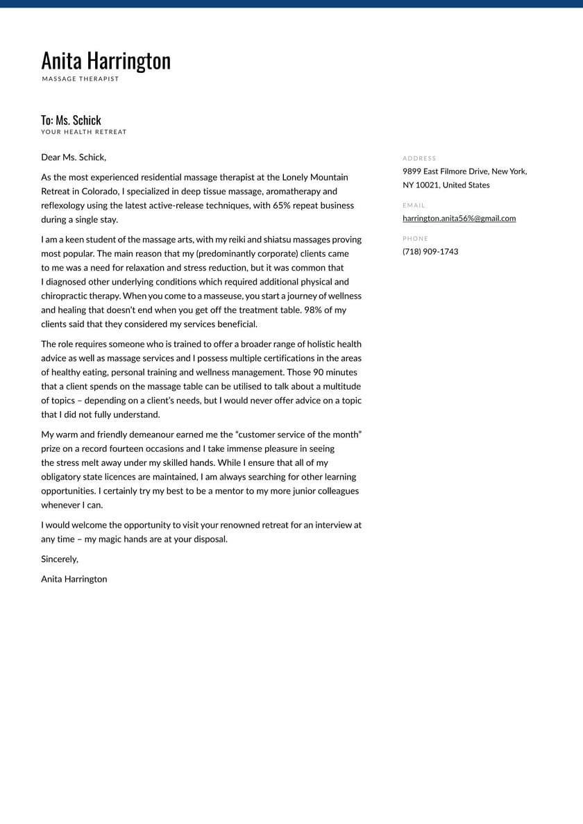 Sample Massage therapist Resume Cover Letter Massage therapist Cover Letter Examples & Expert Tips [free]