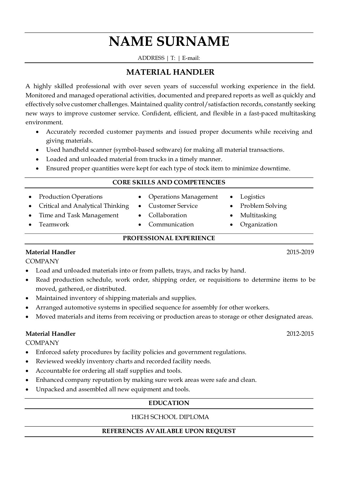 Sample Material Handler Resume Job Description Material Handler Resume with Job Description Sample Resumegets