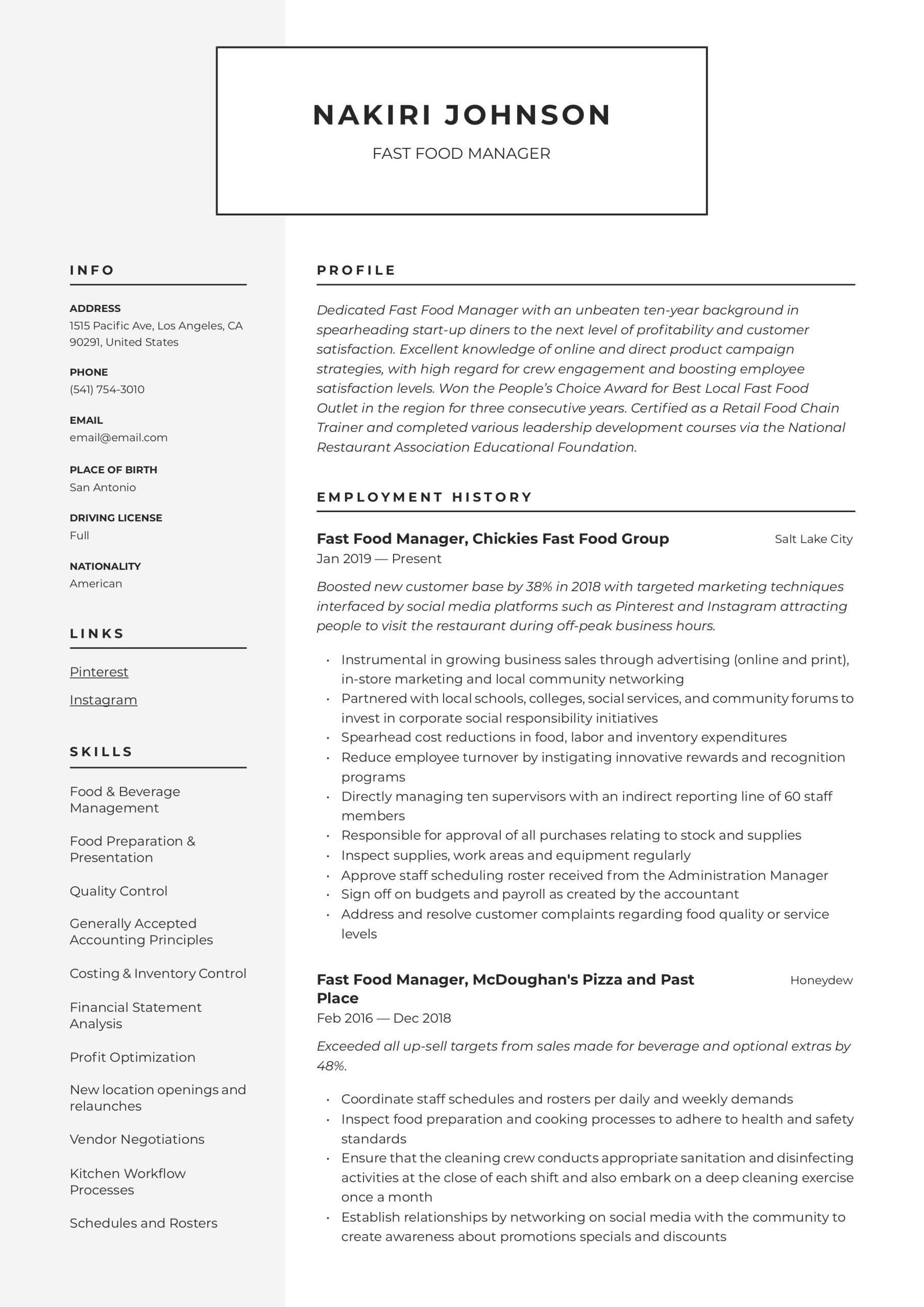 Sample Mcdonald S assistant Manager Resume Fast Food Manager Resume & Writing Guide  12 Examples 2022