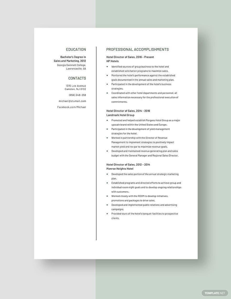Sample Of Good Hotel Director Of Sales Resume Free Free Hotel Director Of Sales Resume Template – Word, Apple …