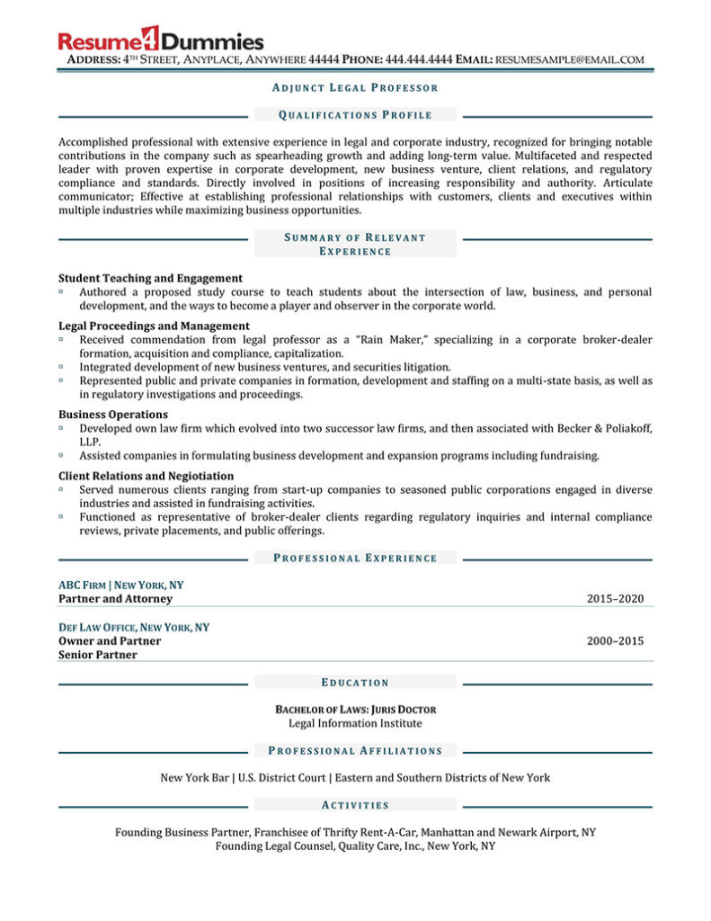 Sample Resume Description Of Adjunct Professor Adjunct Legal Professor Resume Example Resume4dummies