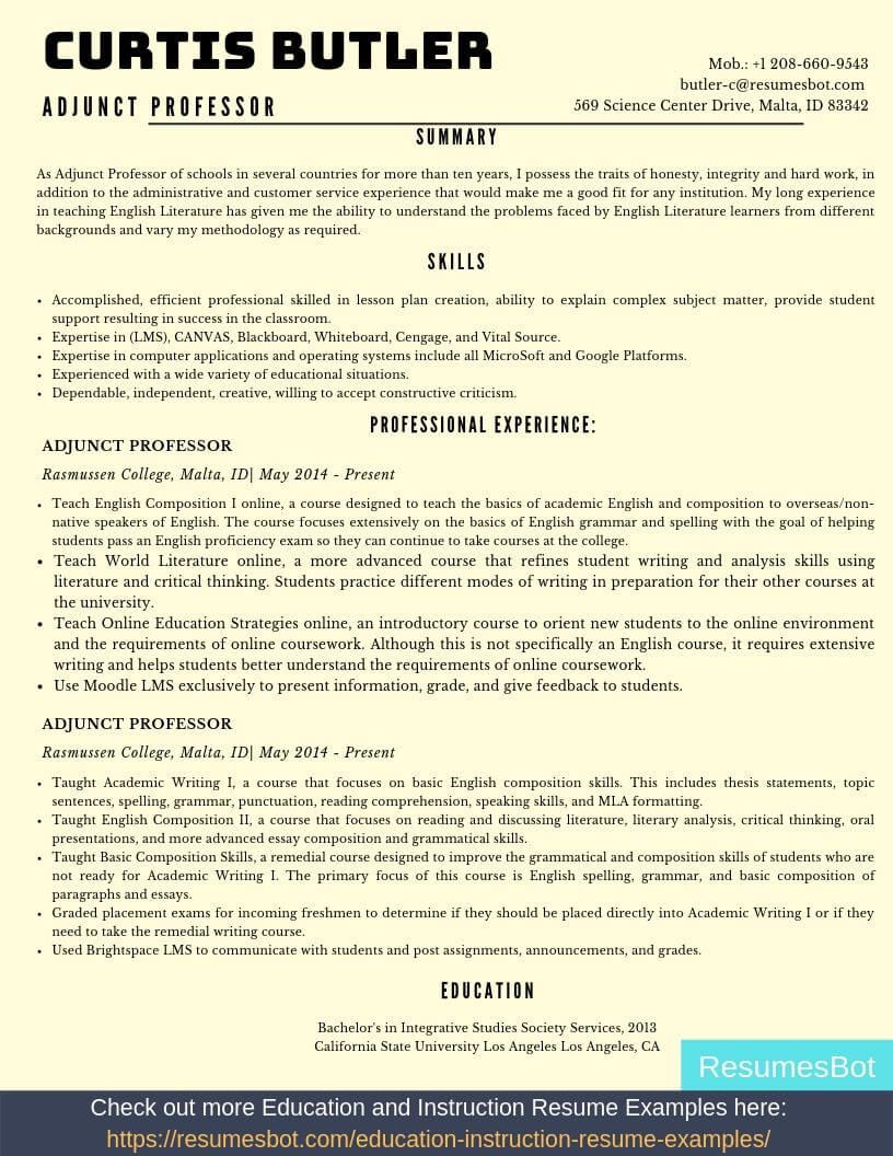 Sample Resume Description Of Adjunct Professor Adjunct Professor Resume Sample & Template 2022 Resumes Bot …