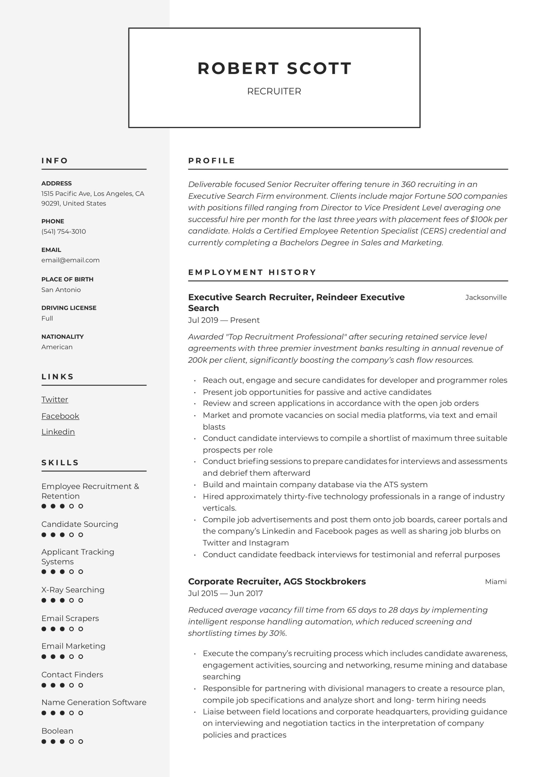 Sample Resume for A Recruiter Position Recruiter Resume & Writing Guide   12 Pdf Examples 2020