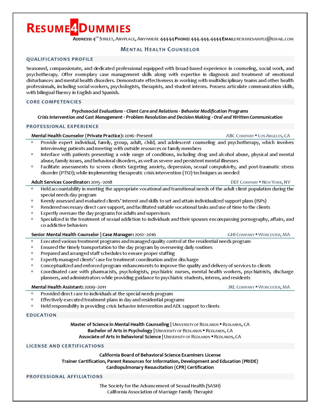 Sample Resume for A Residential Counselor Mental Health Counselor Resume Example Resume4dummies