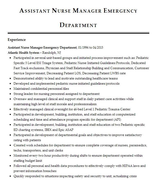 Sample Resume for assistant Nurse Manager Position assistant Nurse Manager Emergency Department Resume