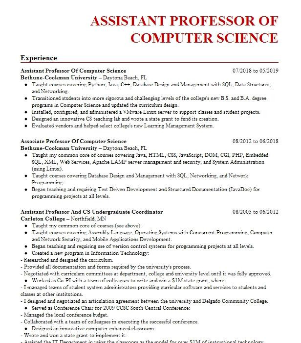 Sample Resume for assistant Professor In Computer Science In India Puter Science Professor Resume Example Pany Name