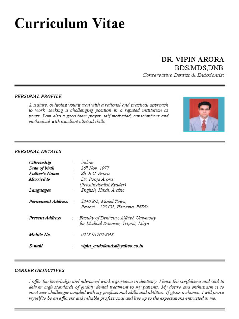 Sample Resume for Bds Freshers India C.v. Dr. Vipin Pdf Dental Degree Dental Implant