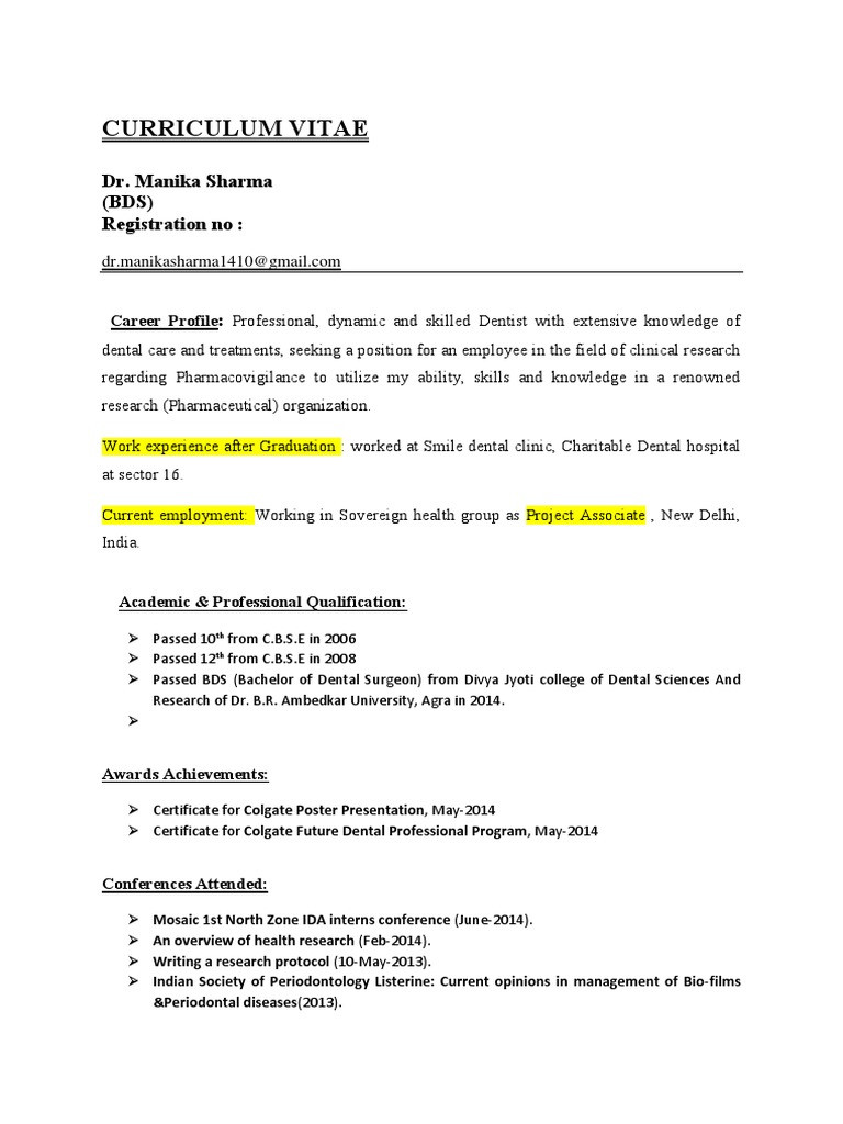 Sample Resume for Bds Freshers India Cv Dr. Manika Sharma Pdf Dental Degree Dentistry